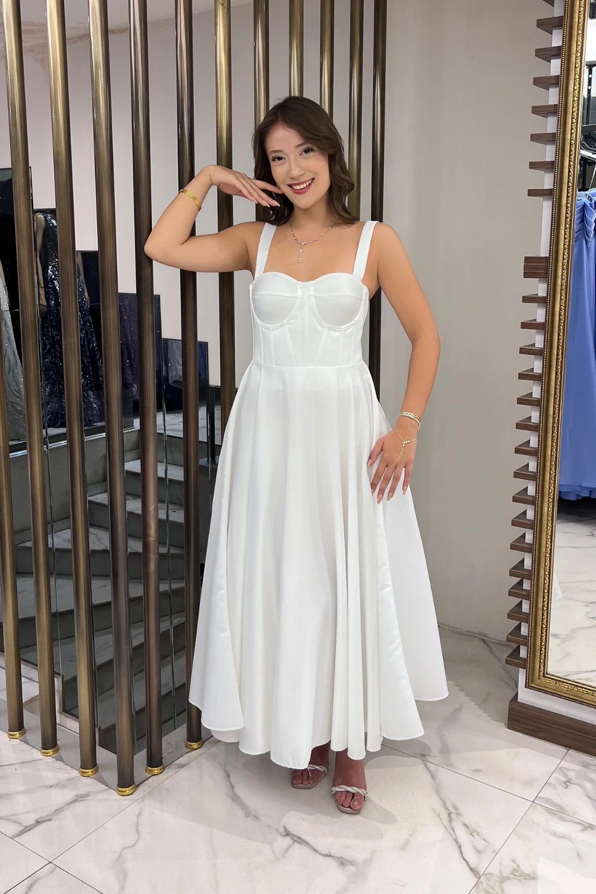 Image of Women's Strappy Back Lace-up Corset Satin Flared Midi Dress