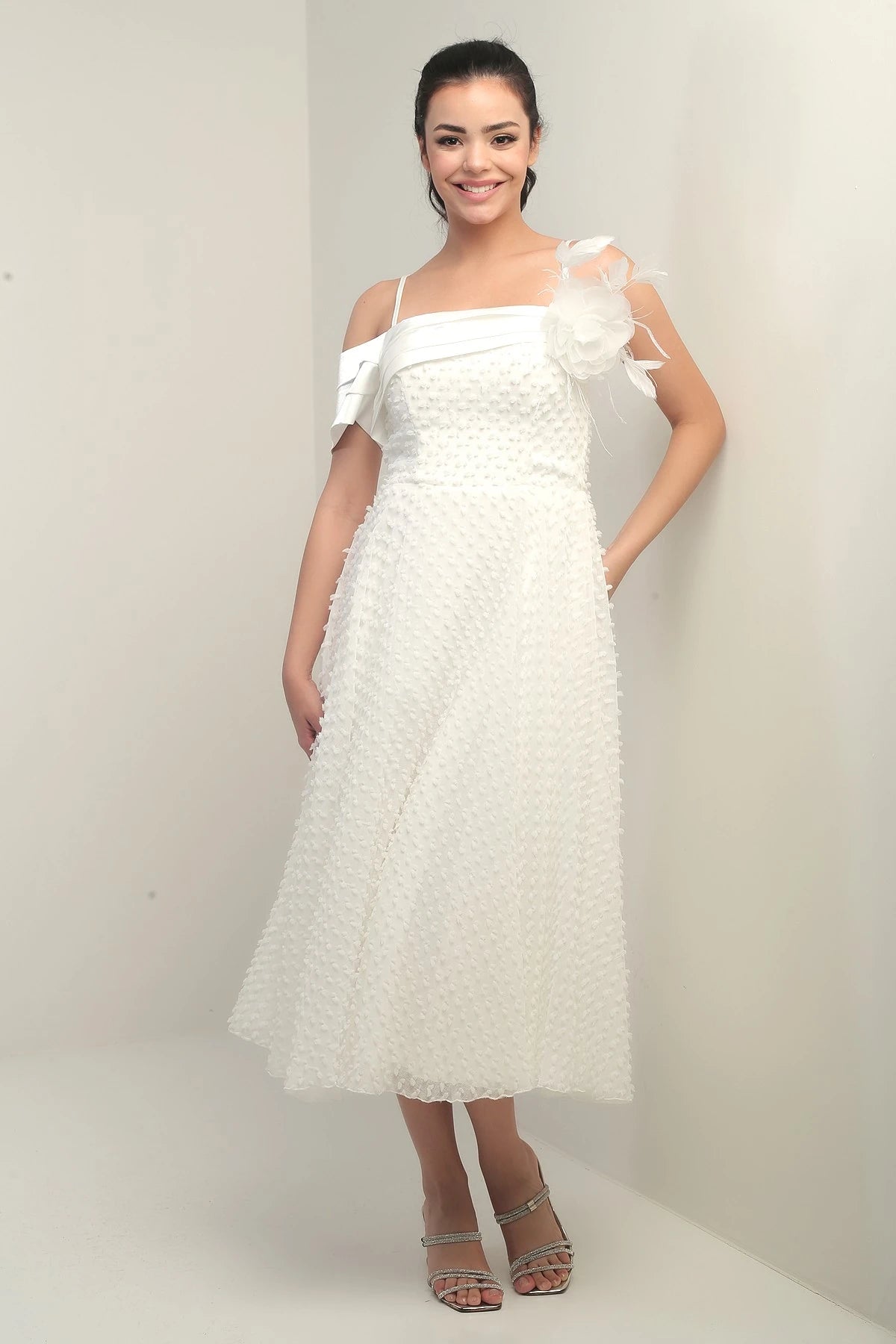Image of Women's Strappy, Back Lace-Up, Dropped One-Sleeve Dress with Feather Brooch, Lined, and Glossy Fabric.
