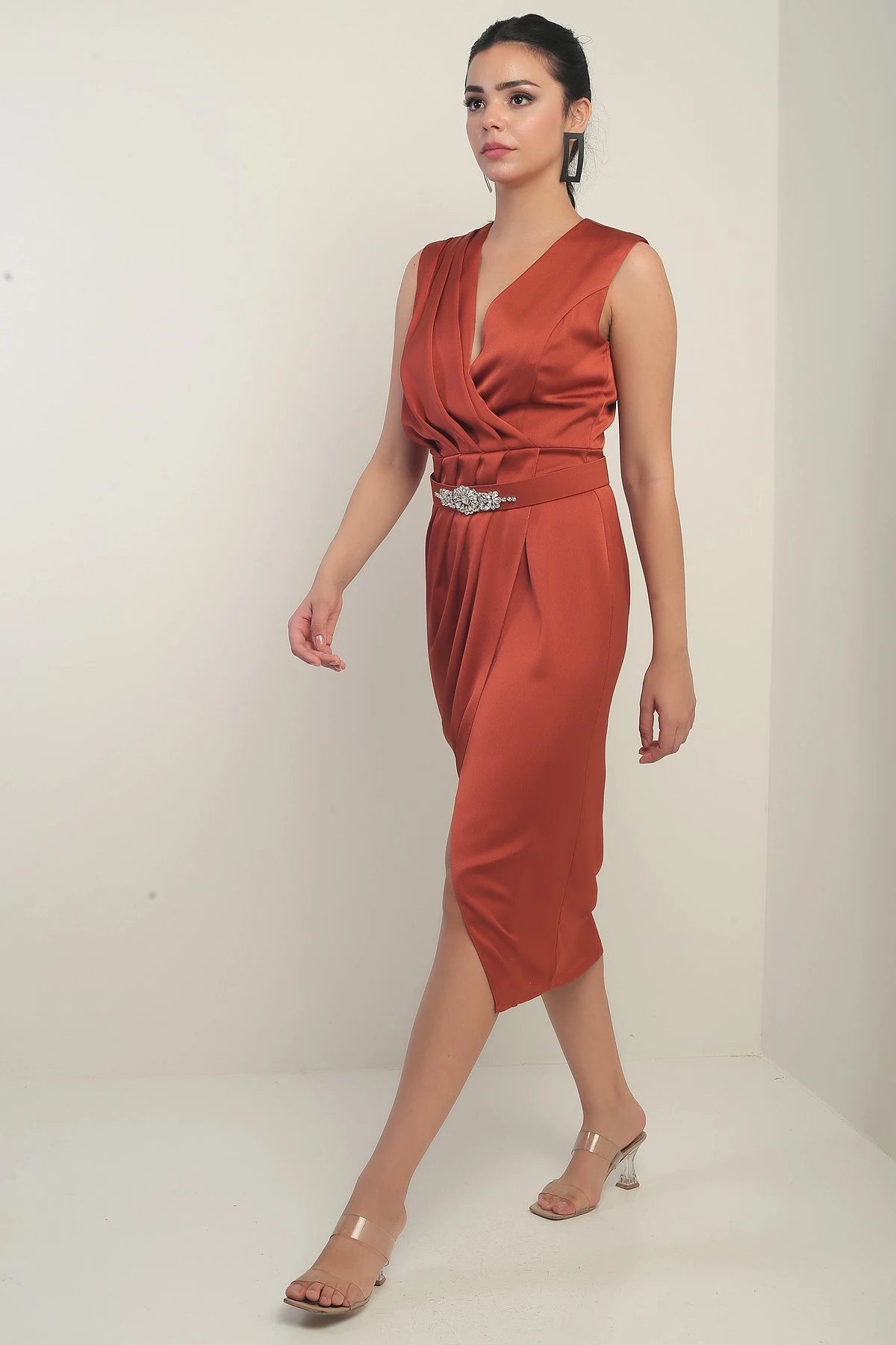 Image of Women's Wrap Neckline Front Pleated Belted Crepe Satin Dress