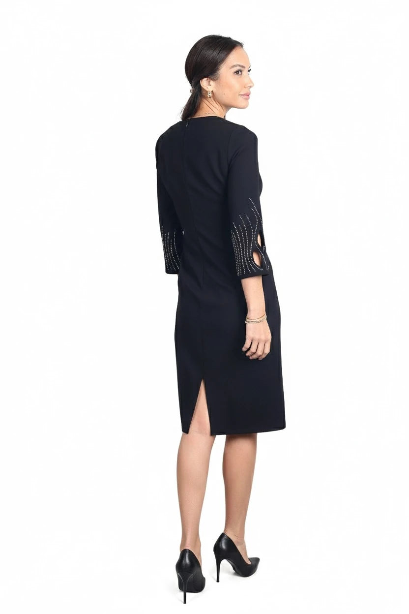 Image of Women's Laser-Cut Short Dress with Beaded Neckline and Cuffs and Lining