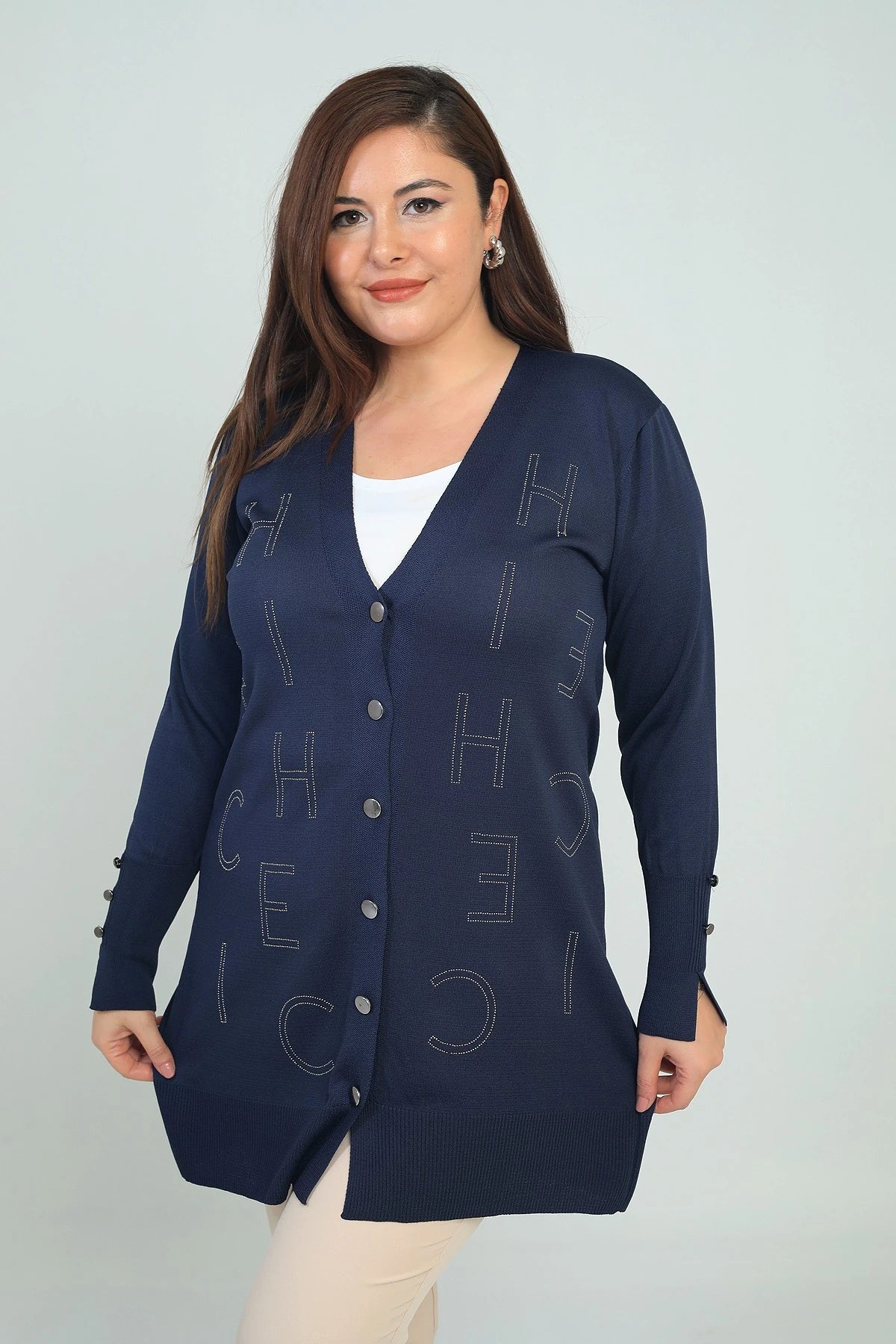 Image of Women's Plus Size Cardigan with Button Detail on Sleeves and Stone Letter Print, Cold Yarn.