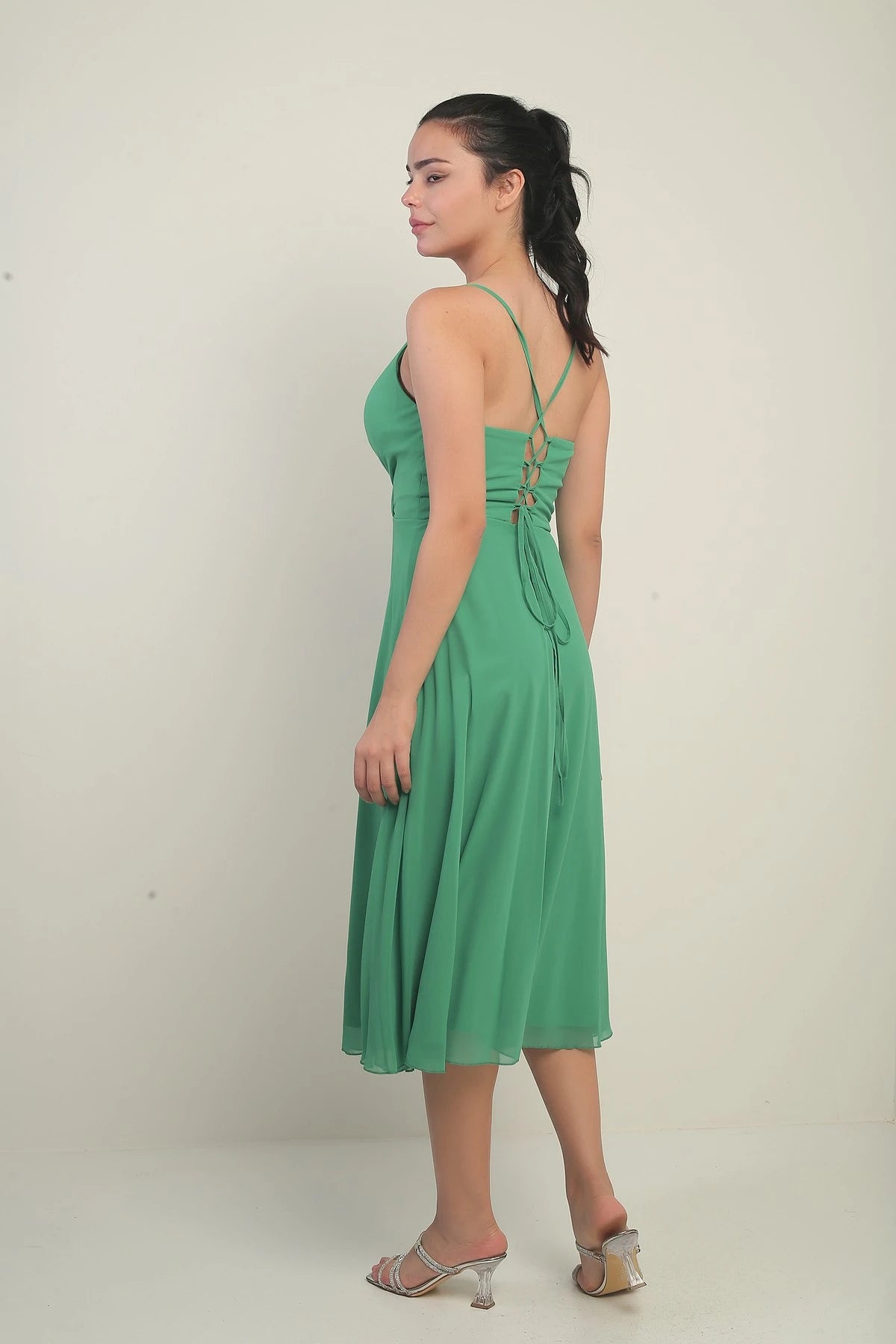 Image of Women's Strappy Wrap Neckline Lined Lace-Up Back Flared Chiffon Dress