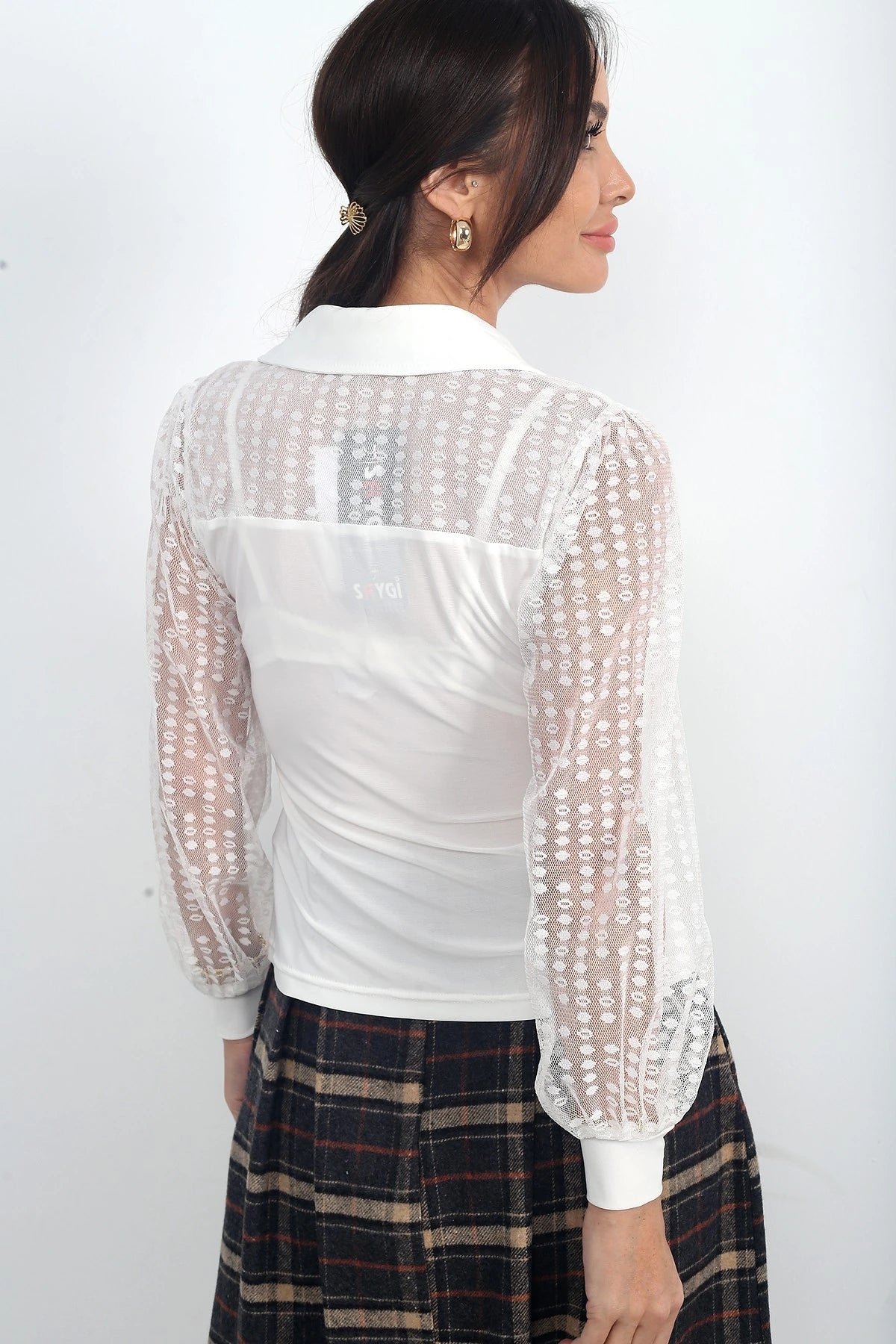 Image of Women's Polo Collar Blouse with Tulle Sleeves and Shoulders and Lycra Fabric