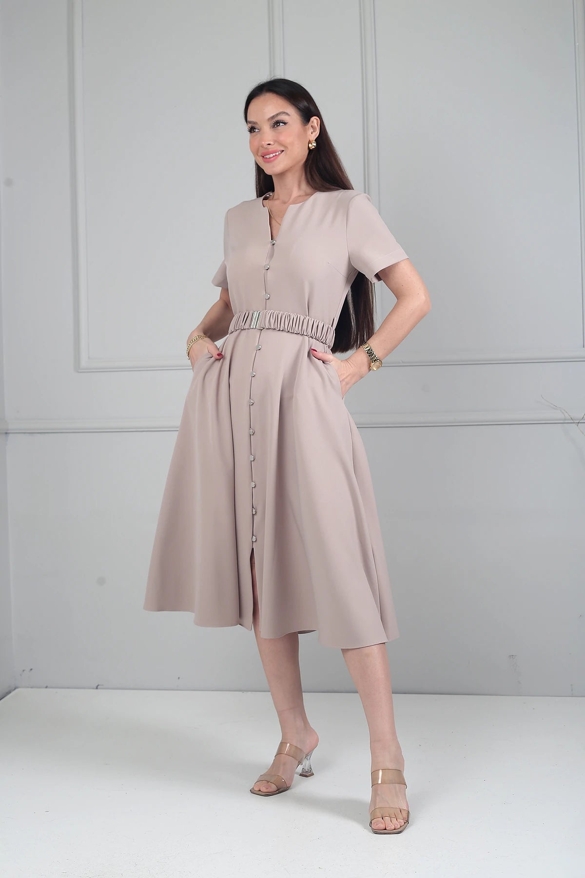 Image of Women's Short-Sleeved Midi Dress with Metal Buttons at the Front and Pockets