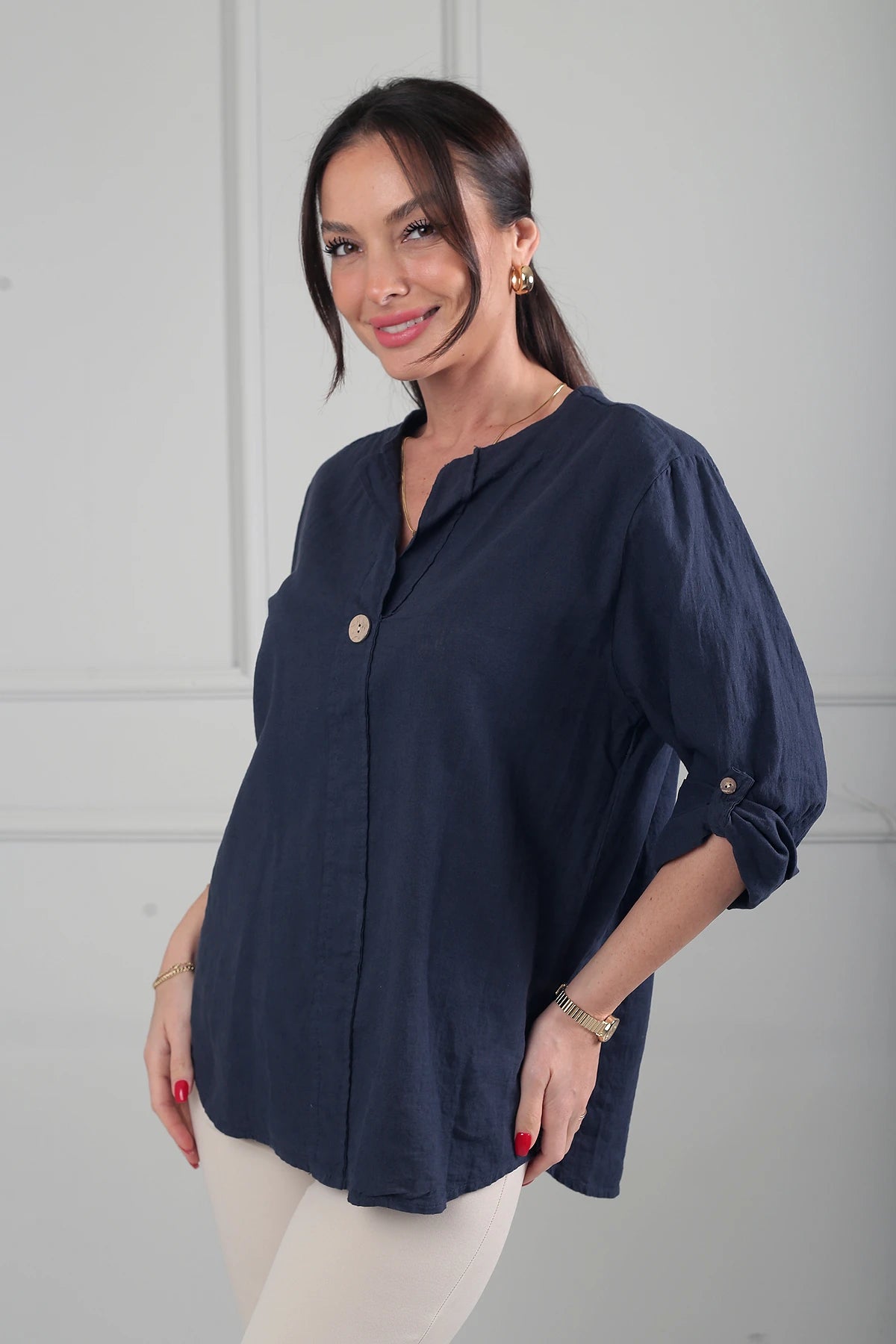 Image of Kadın Düğme Detaylı İtalyan Cotton Oversize Bluz