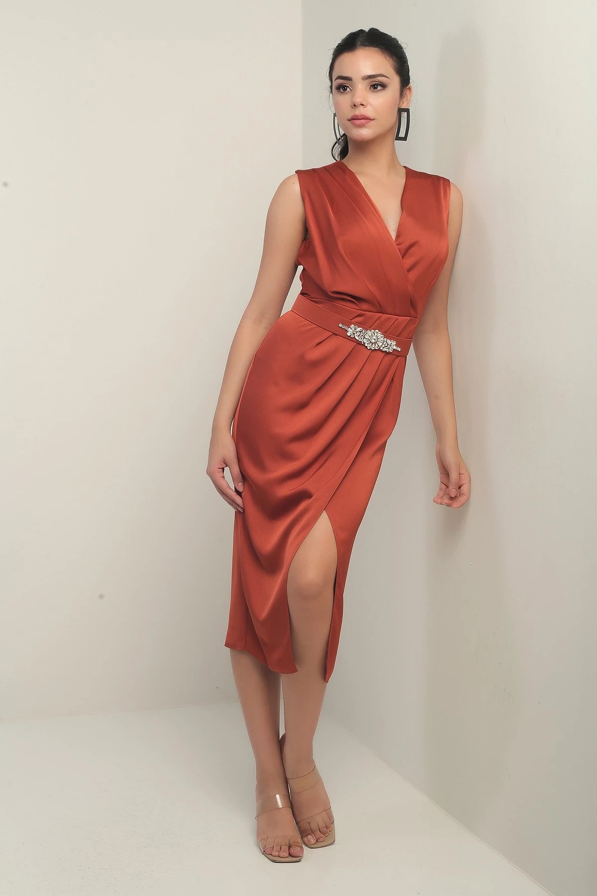 Image of Women's Wrap Neckline Front Pleated Belted Crepe Satin Dress
