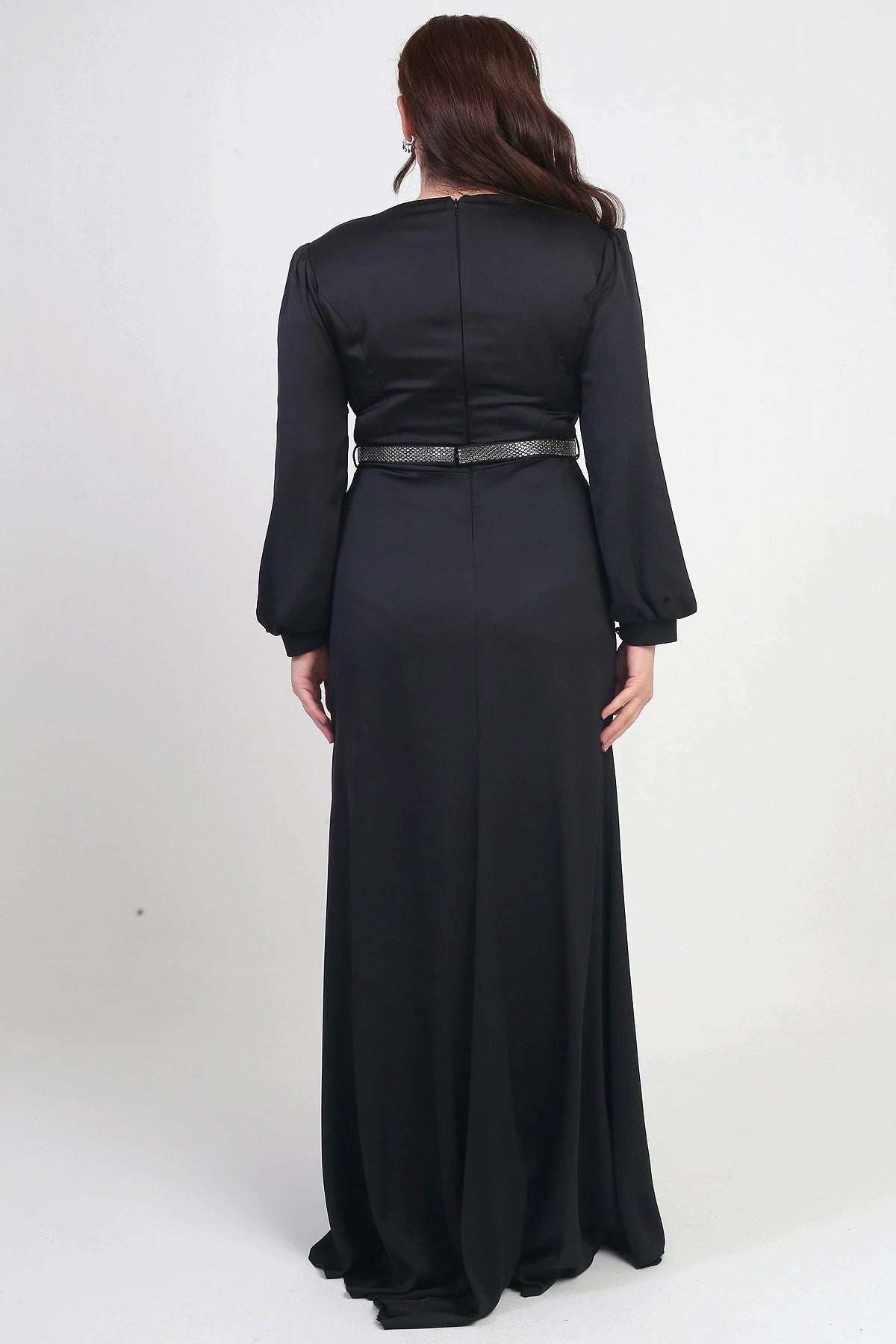 Image of Women's Wrap-Neck Look Pleated Lined Long Satin BB Dress