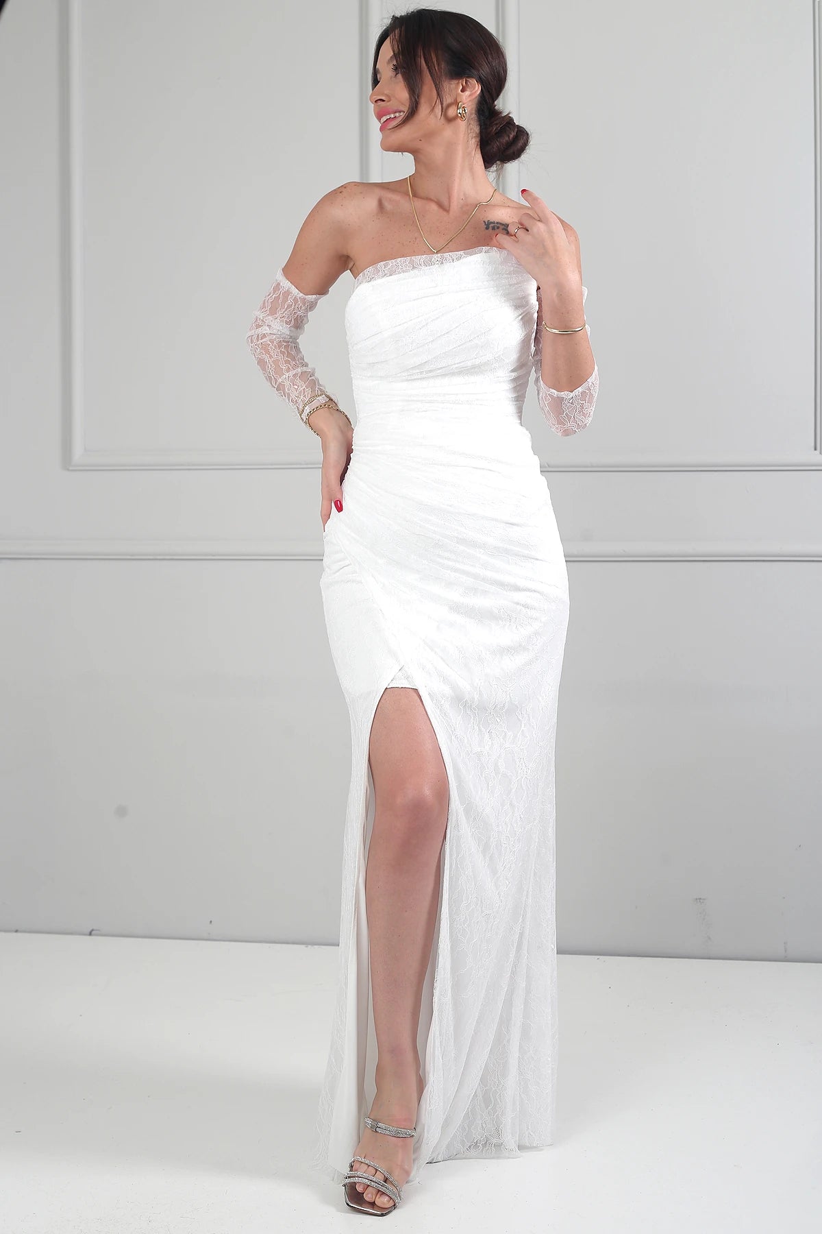 Image of Kadın 3 Parçalı Tasarım Abiye Straplez Önü Büzgülü Astarlı Uzun Elbise Dik Yaka Dantel Bluz