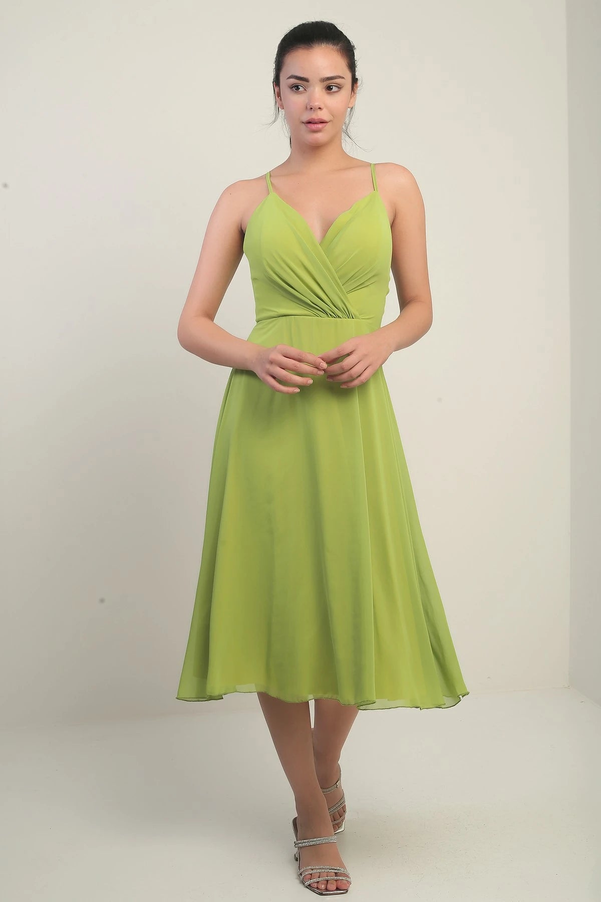 Image of Women's Strappy Wrap Neckline Lined Lace-Up Back Flared Chiffon Dress