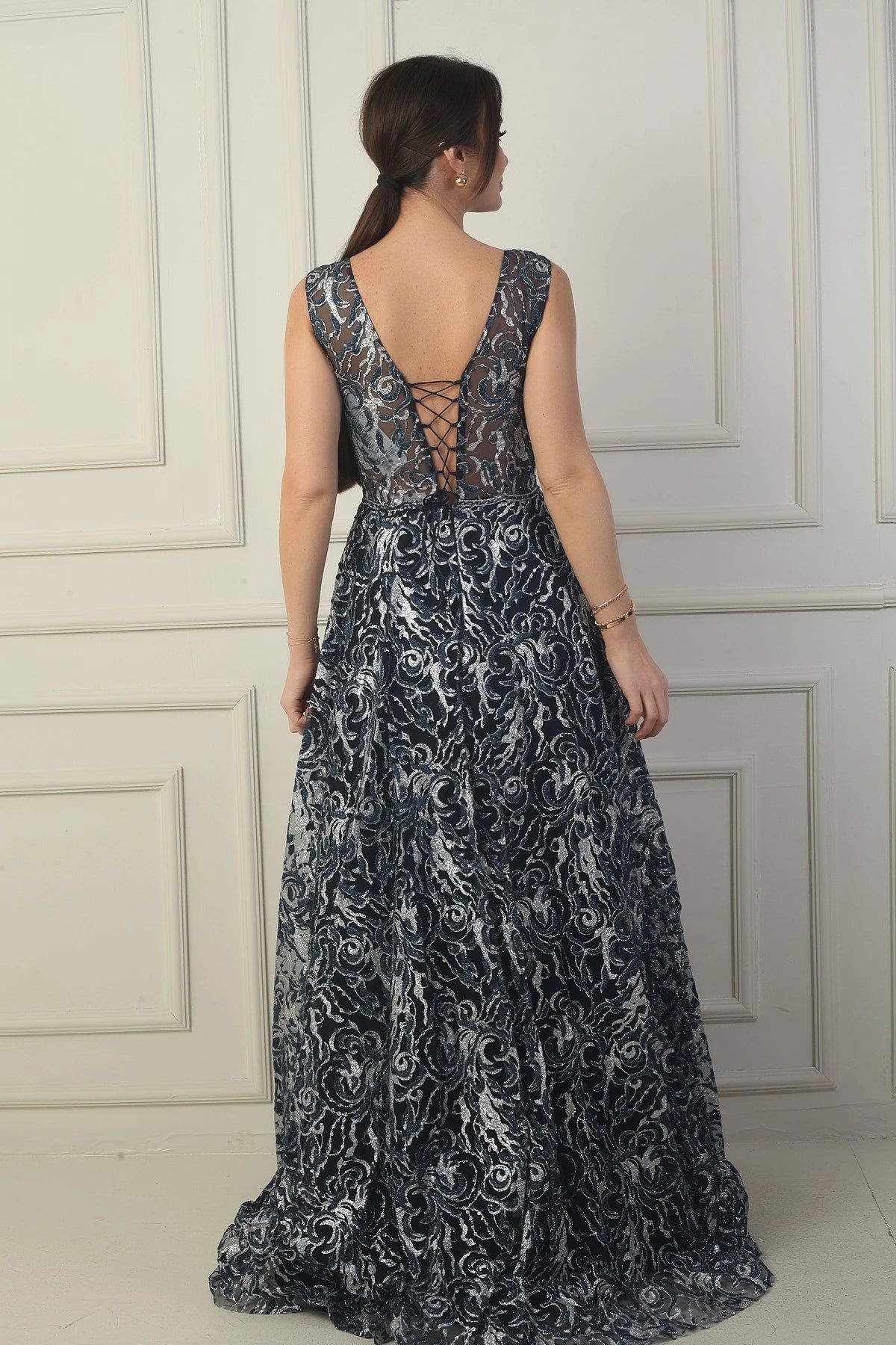 Image of Women's Front and Back V-Neck, Bust Pleat, Back Lace-up, Lined, Glitter Flock Print Long Evening Dress