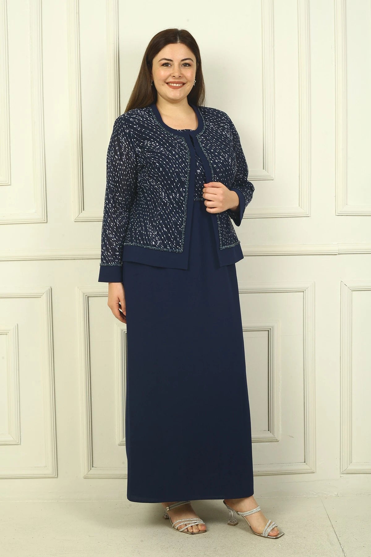 Image of Women's Beaded and Sequin Embellished Tulle Jacket, Half-Moon Sleeve Long Dress, Lined, Plus Size Two-Piece Set