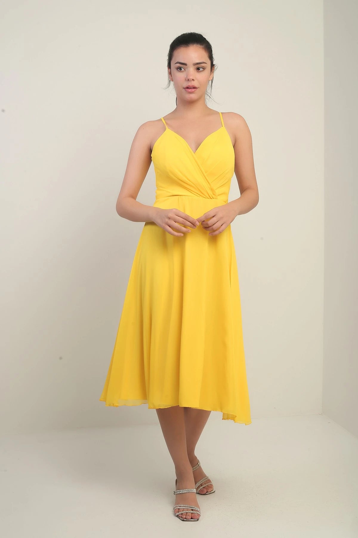 Image of Women's Strappy Wrap Neckline Lined Lace-Up Back Flared Chiffon Dress