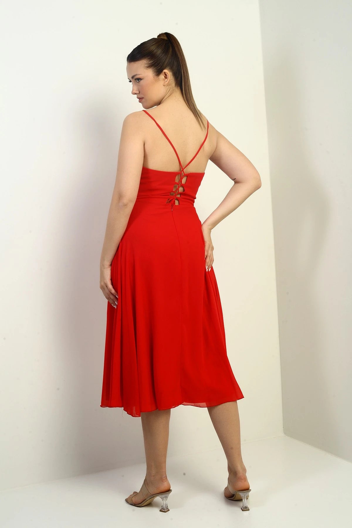 Image of Women's Strappy Wrap Neckline Lined Lace-Up Back Flared Chiffon Dress