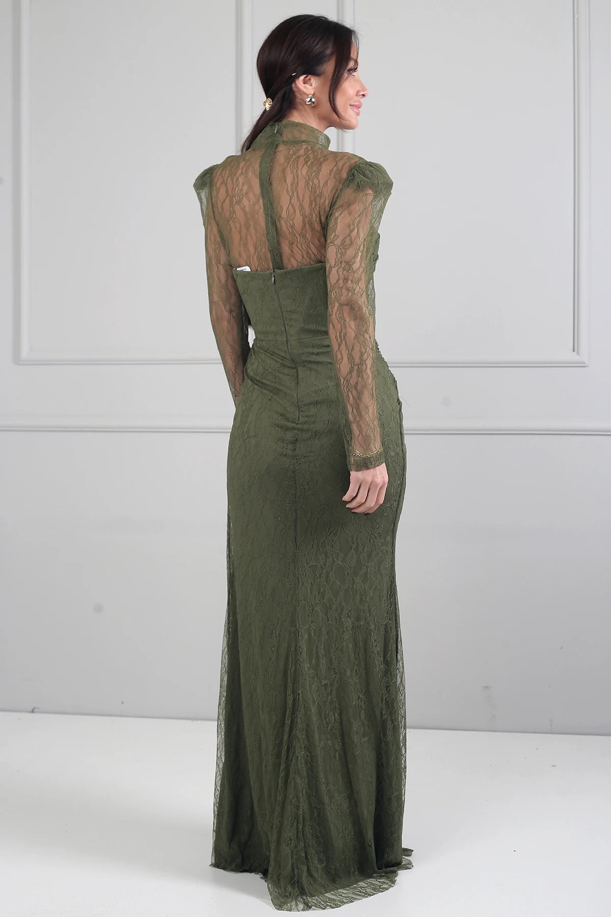 Image of Kadın 3 Parçalı Tasarım Abiye Straplez Önü Büzgülü Astarlı Uzun Elbise Dik Yaka Dantel Bluz