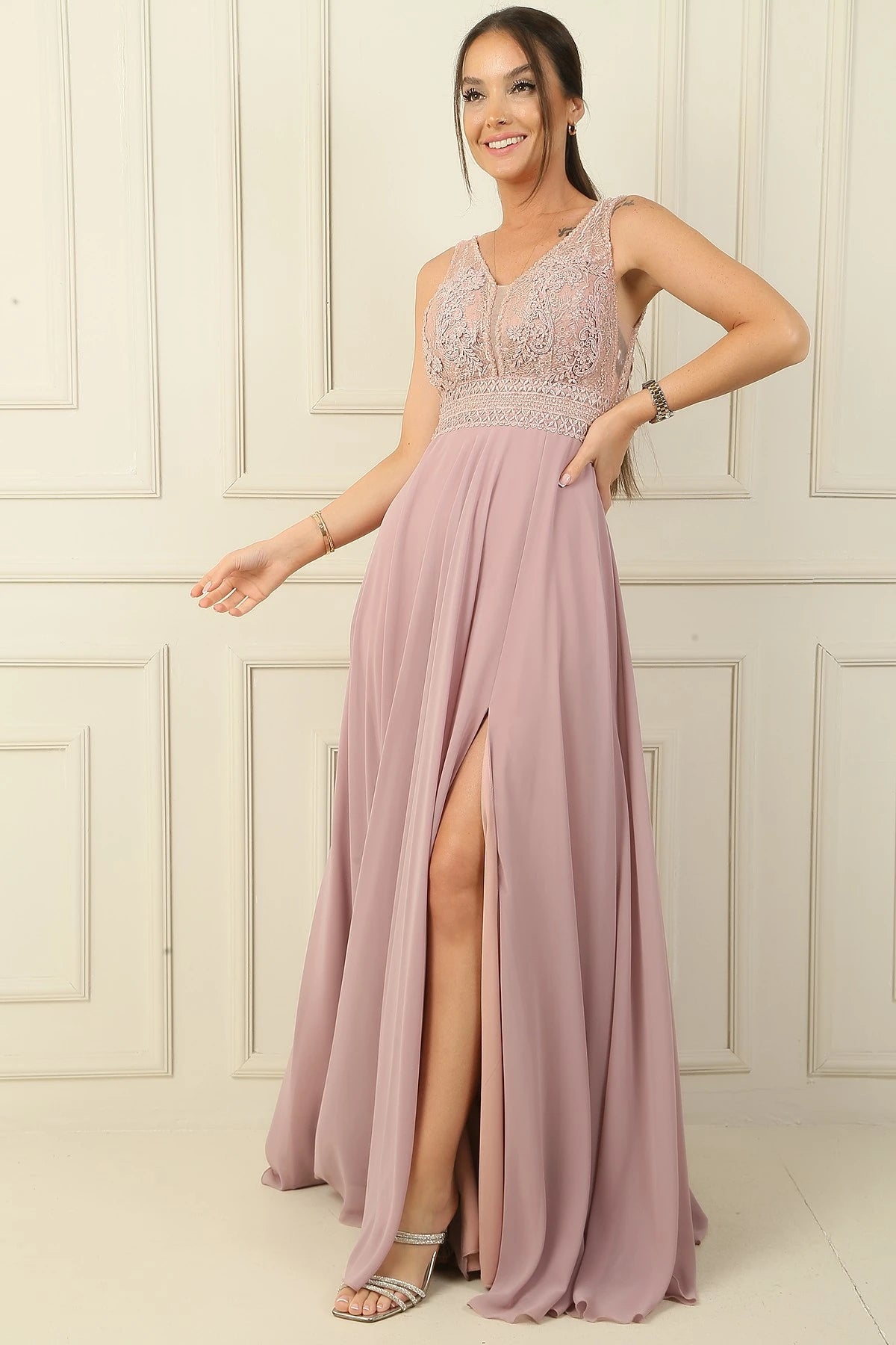 Image of Front and Back V-Neck Top Beaded Floral Motif Lined Long Chiffon Evening Dress