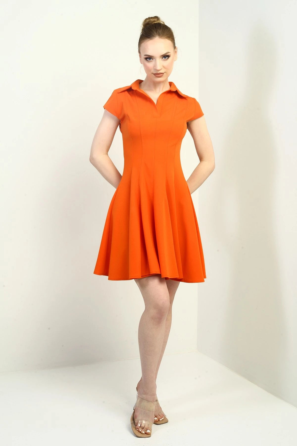 Image of Women's Polo Collar Long Sleeve Lycra Flared Short Dress