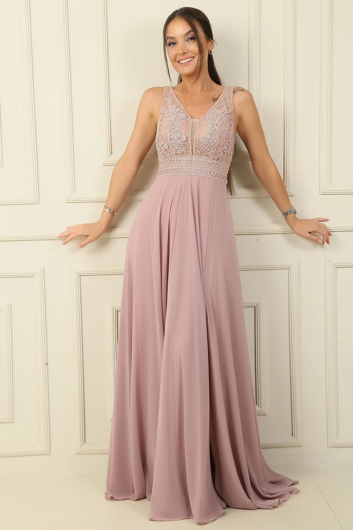 Image of Front and Back V-Neck Top Beaded Floral Motif Lined Long Chiffon Evening Dress
