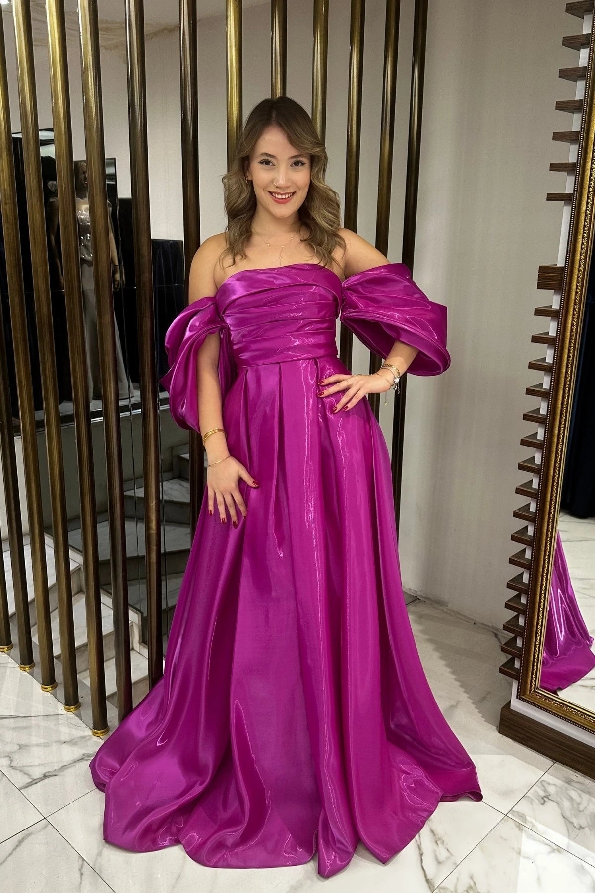 Image of Women's Strapless Balloon Sleeve Lined Pleated Pocket Taffeta Long Dress