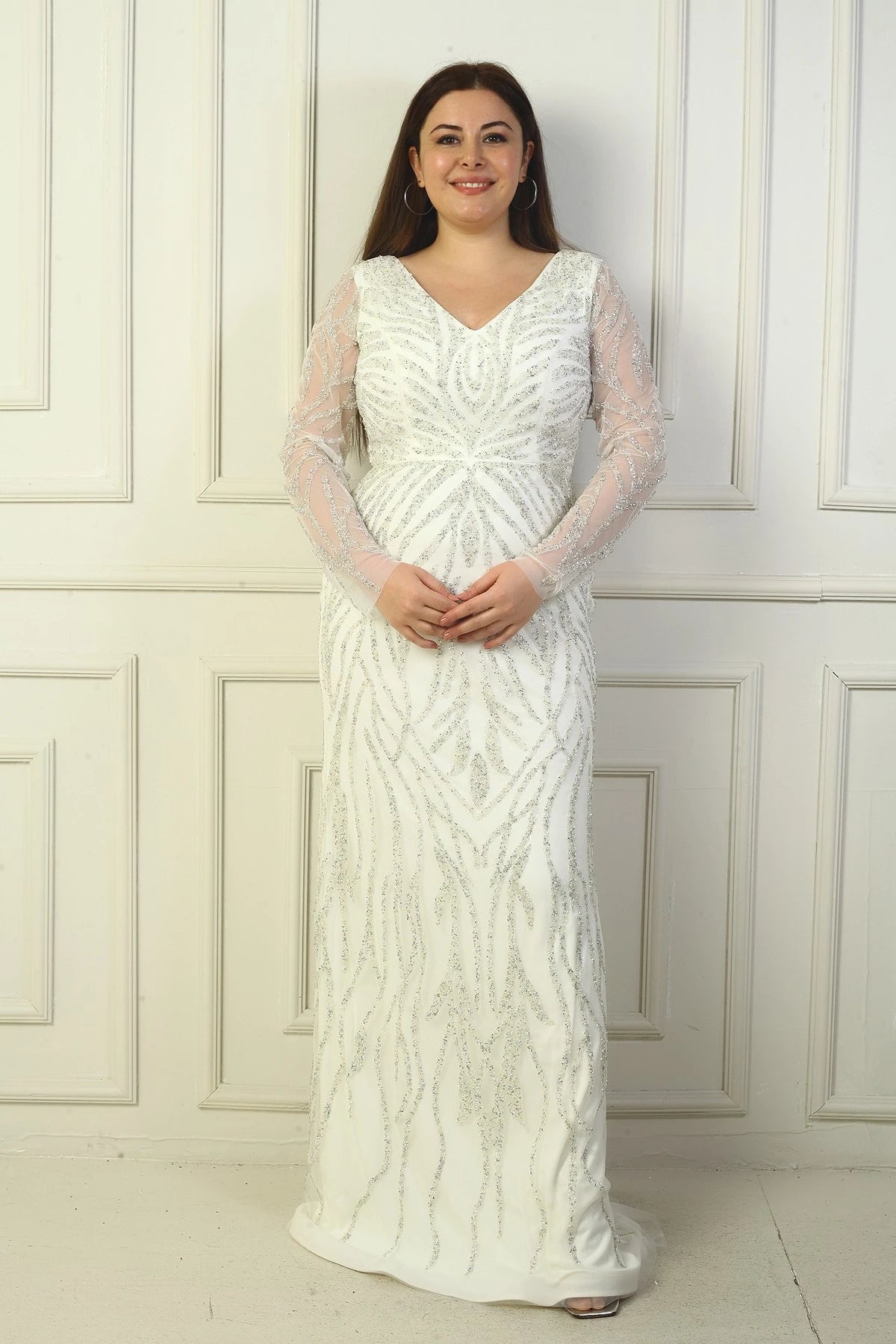 Image of Front and Back V-Neck, Tulle Sleeves, Lined, Embellished Long Plus Size Dress