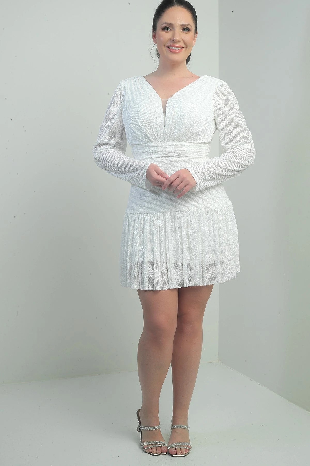 Image of Women's Front and Back V-Neck Lined Draped Long Sleeved Plus Size Sequin Dress