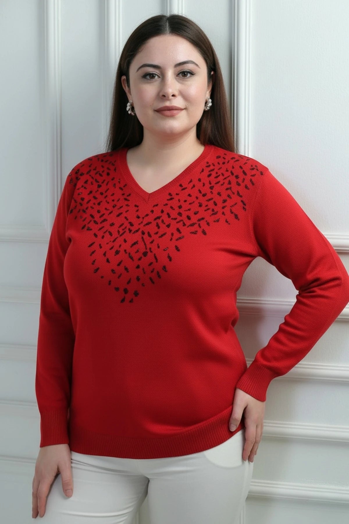 Image of Women's V-Neck Plus Size Knitted Blouse with Glitter Detail on the Front