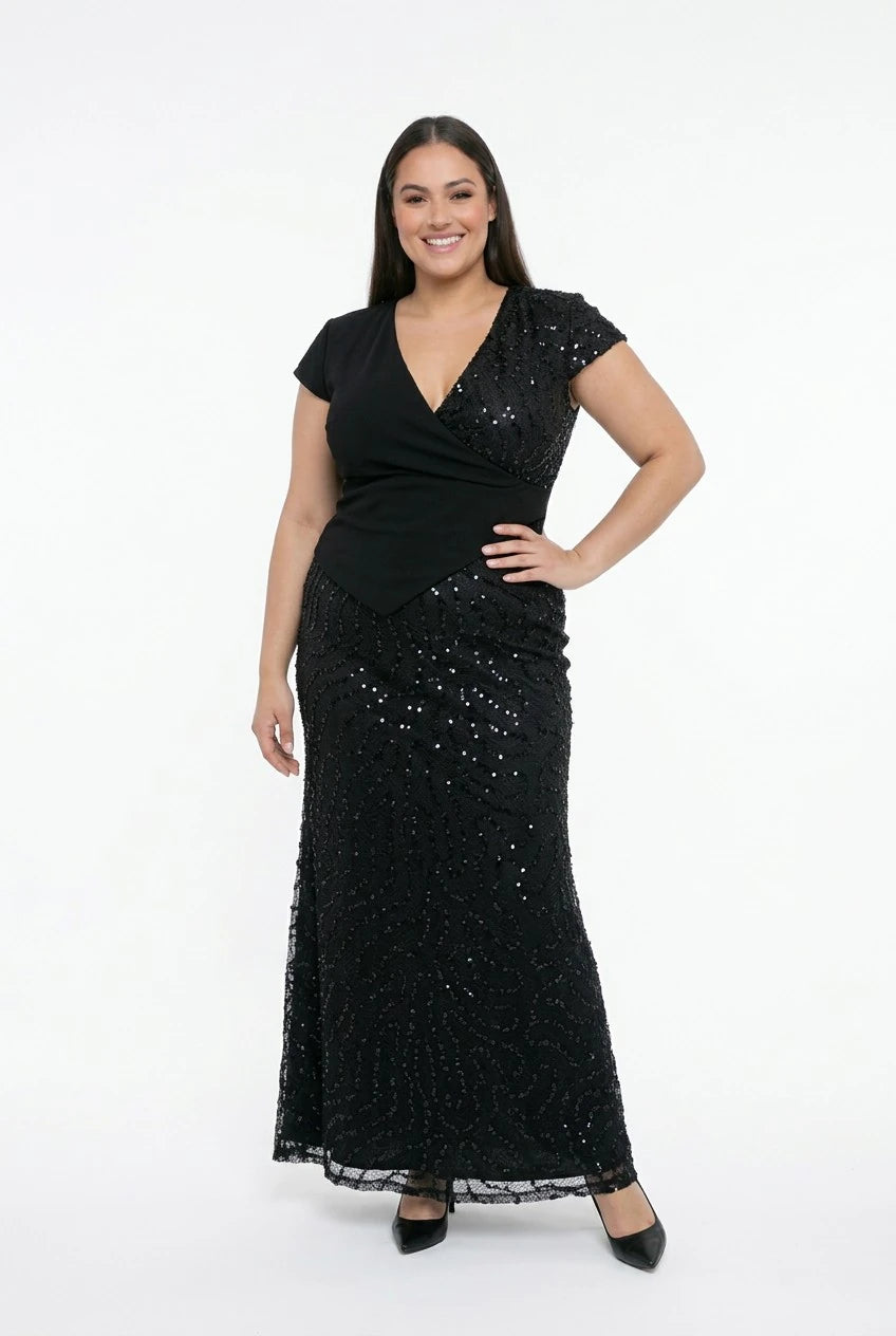 Image of Women's Vest-Style Half-Moon Sleeved Lined Sequined and Beaded Plus Size Long Dress