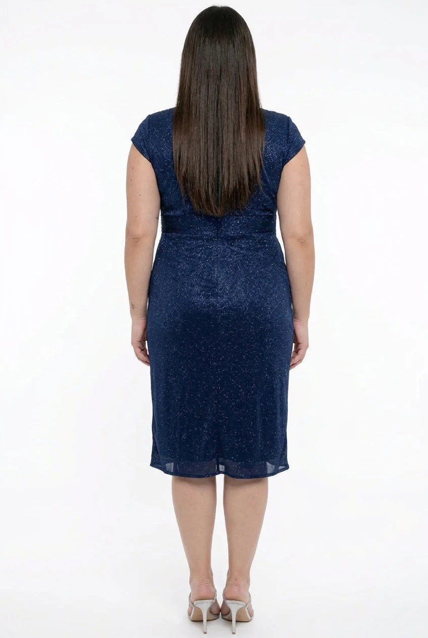 Image of Women's Wrap Neckline Half-Moon Sleeve Lined Plus Size Short Dress with Rhinestone and Glitter Embellishment at the Waist