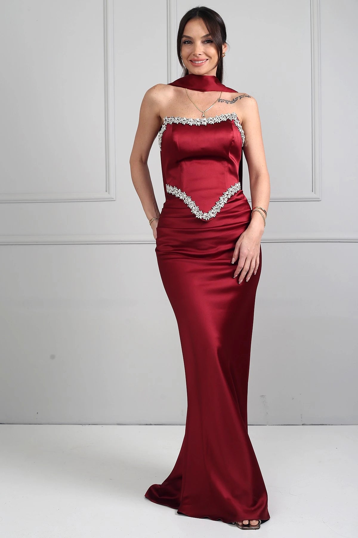 Image of Women's Strapless, Sheer Strap, Lined, Sparkling Stone Detail, Draped Front, Bias-Shaped Skirt Satin Long Dress