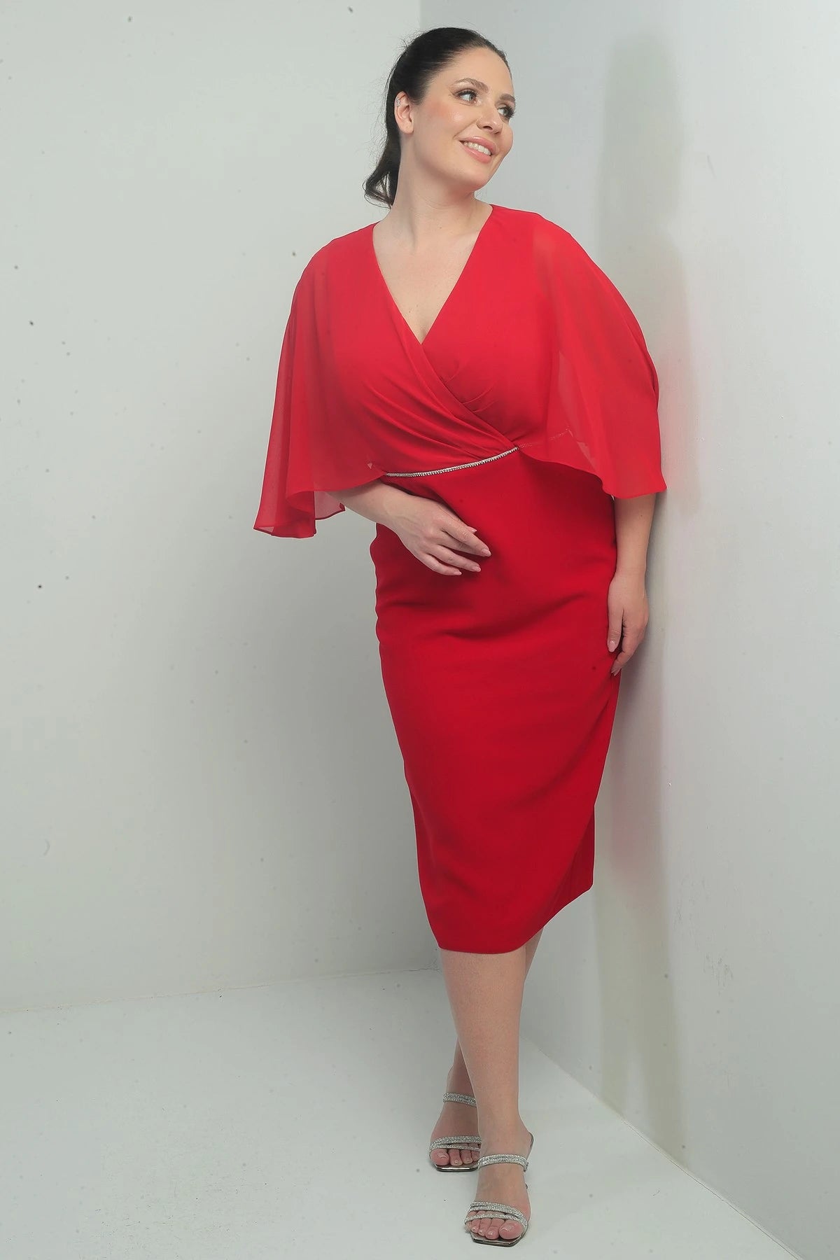 Image of Women's V-Neck Chiffon Draped Lined Plus Size Crepe Midi Dress with Embellished Waist
