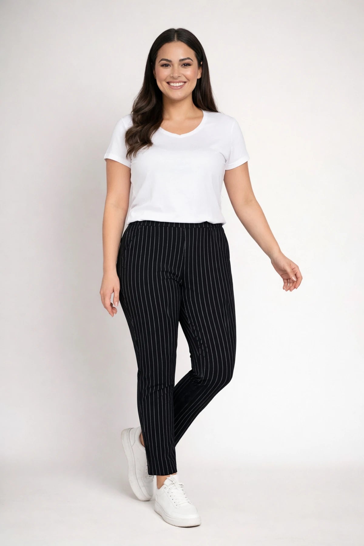 Image of Women's Plus Size Scuba Pants with Vertical Stripes and Pockets
