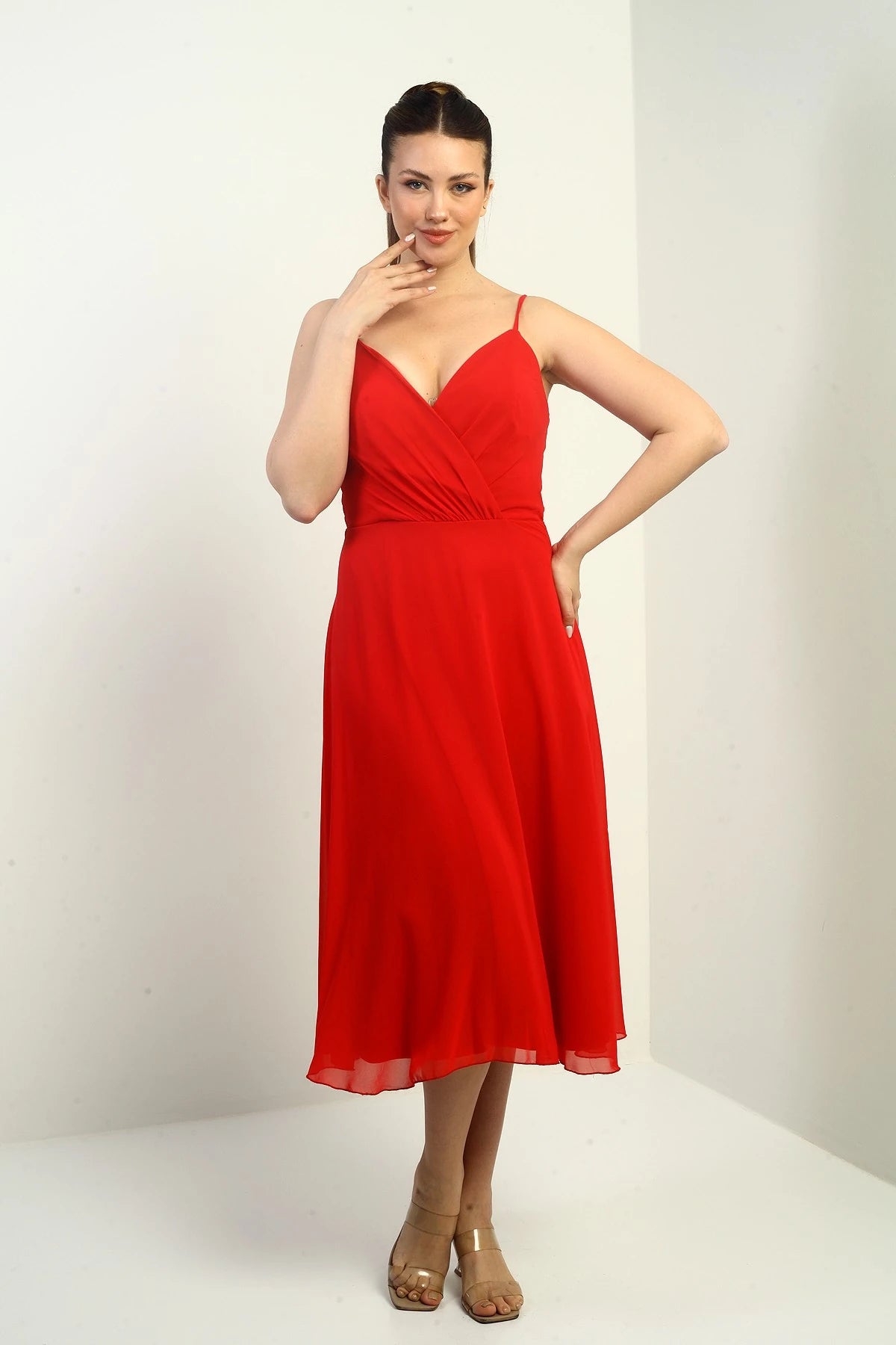 Image of Women's Strappy Wrap Neckline Lined Lace-Up Back Flared Chiffon Dress