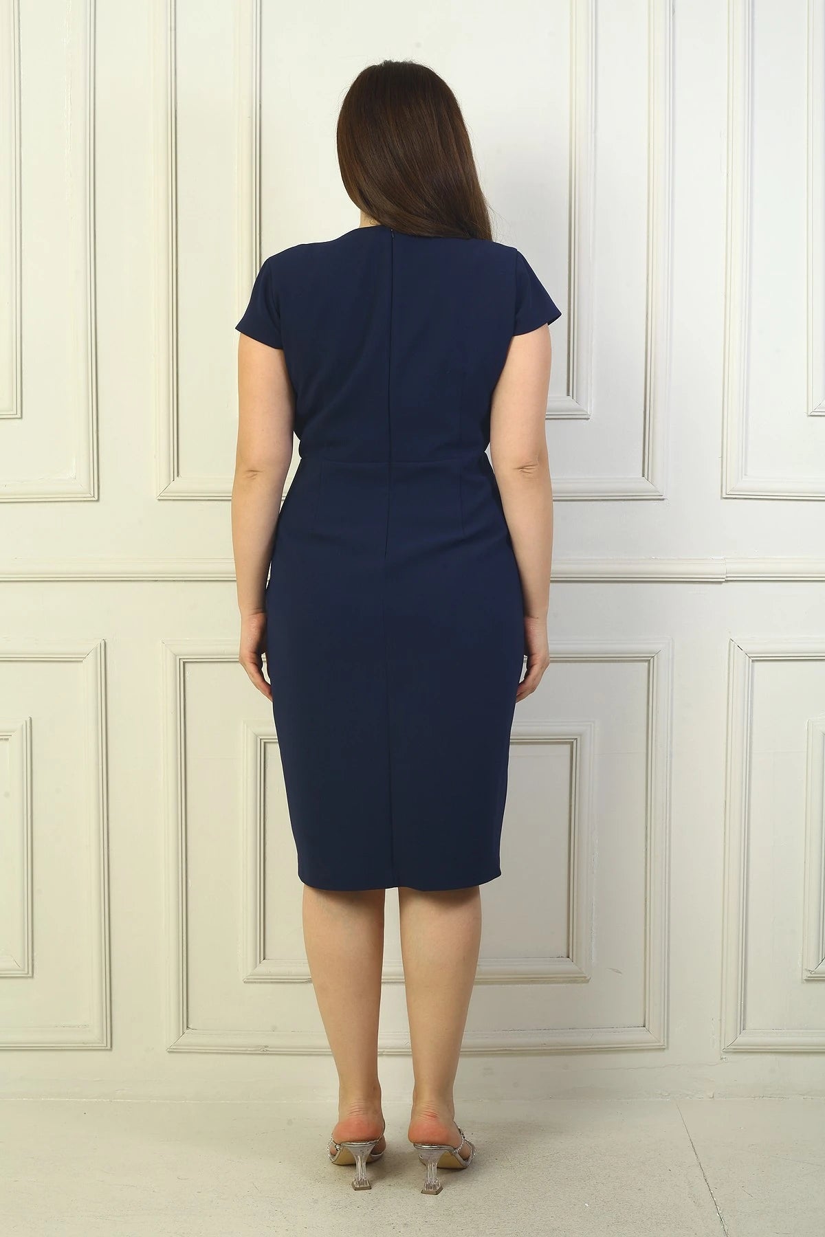 Image of Women's Wrap Neck Half-Moon Sleeve Embellished Front Slit BB Dress