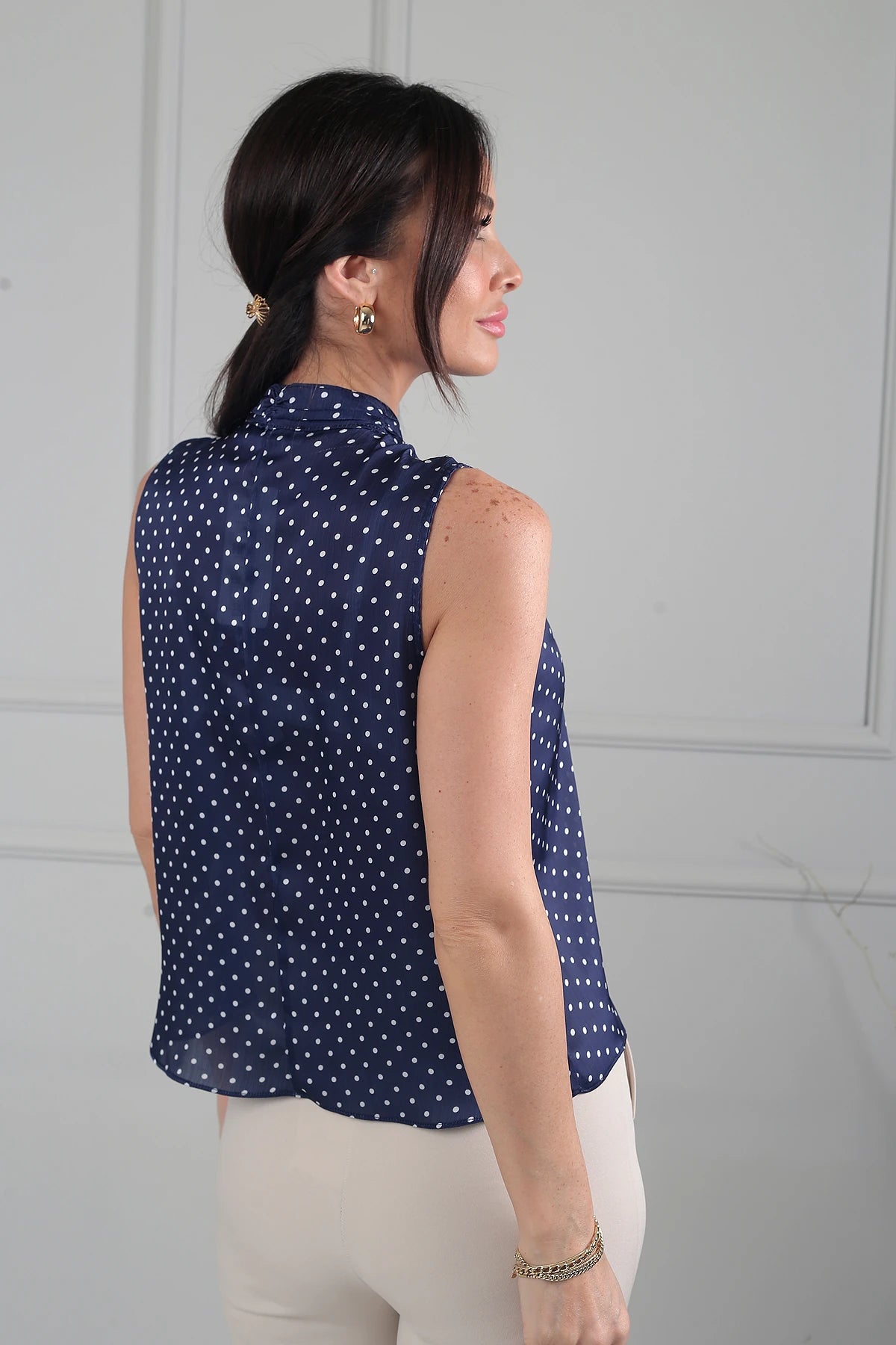 Image of Women's Polka Dot Satin Blouse with Gathered Neckline