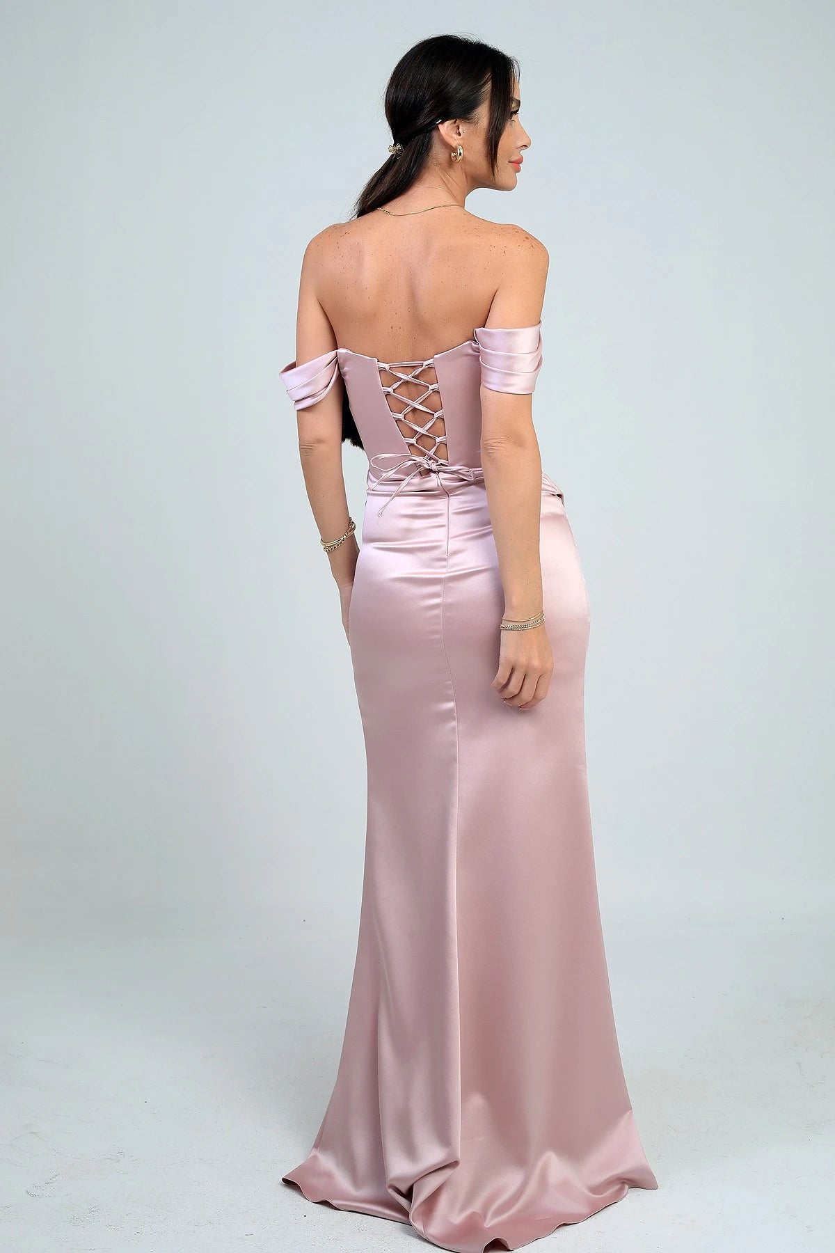 Image of Women's Strapless Low-Sleeve Lined Underwired Satin Long Dress