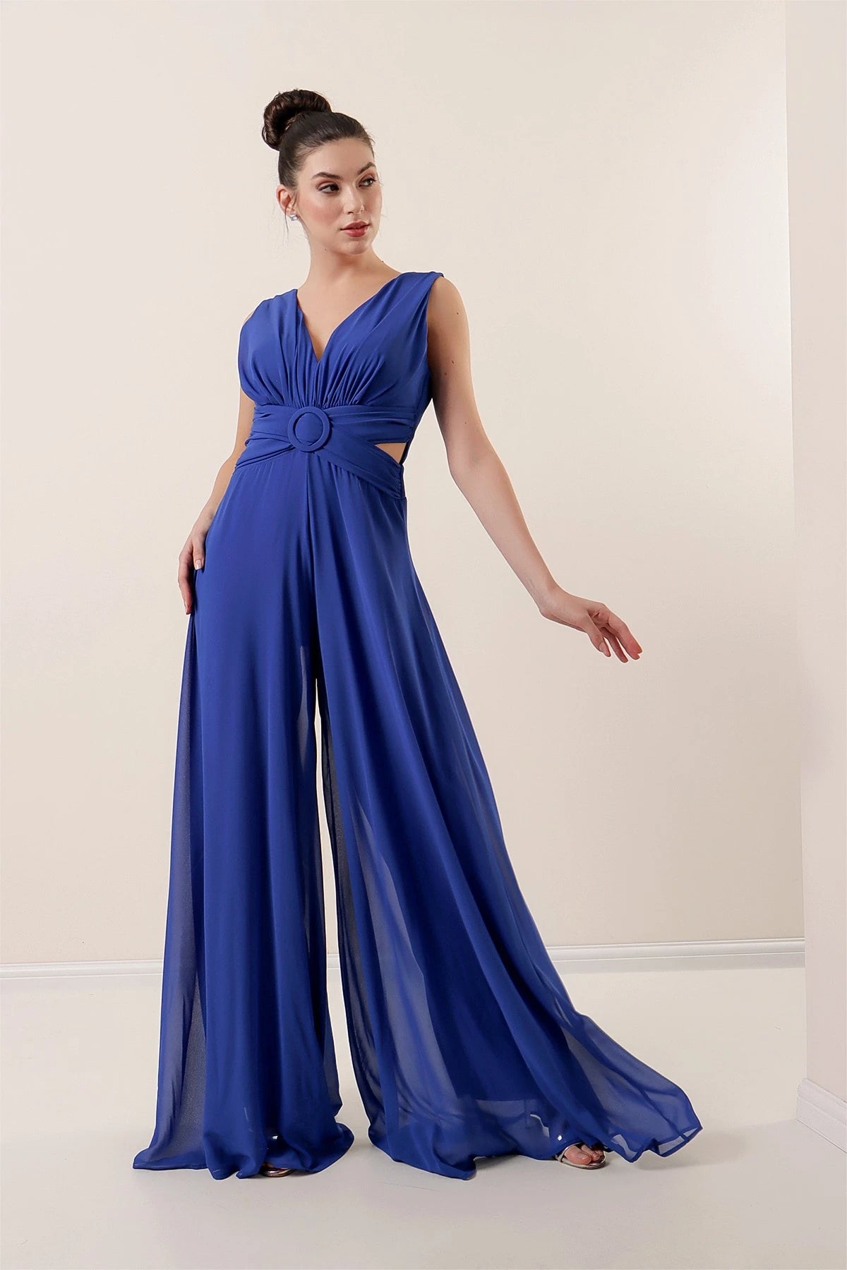 Image of Waist-detailed, front and back V-neck, lined chiffon jumpsuit.