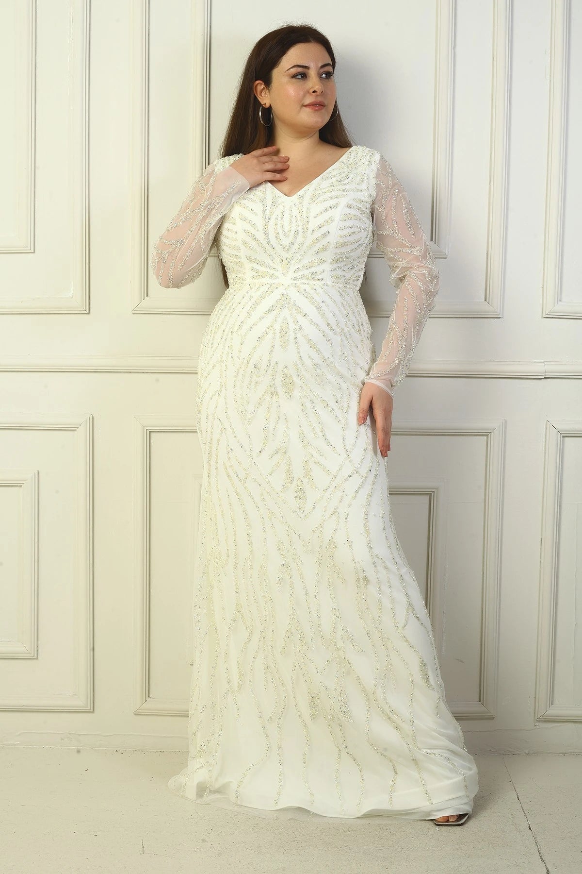 Image of Front and Back V-Neck, Tulle Sleeves, Lined, Embellished Long Plus Size Dress