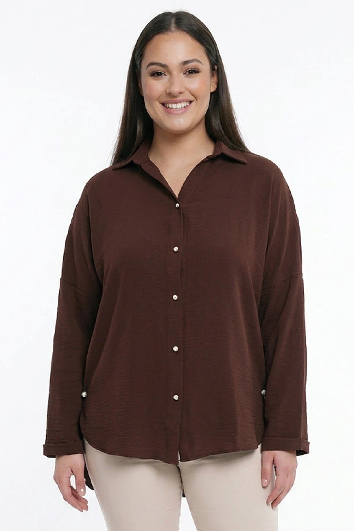 Image of Women's Plus Size Ayrobin Lycra Shirt with Pearl Details