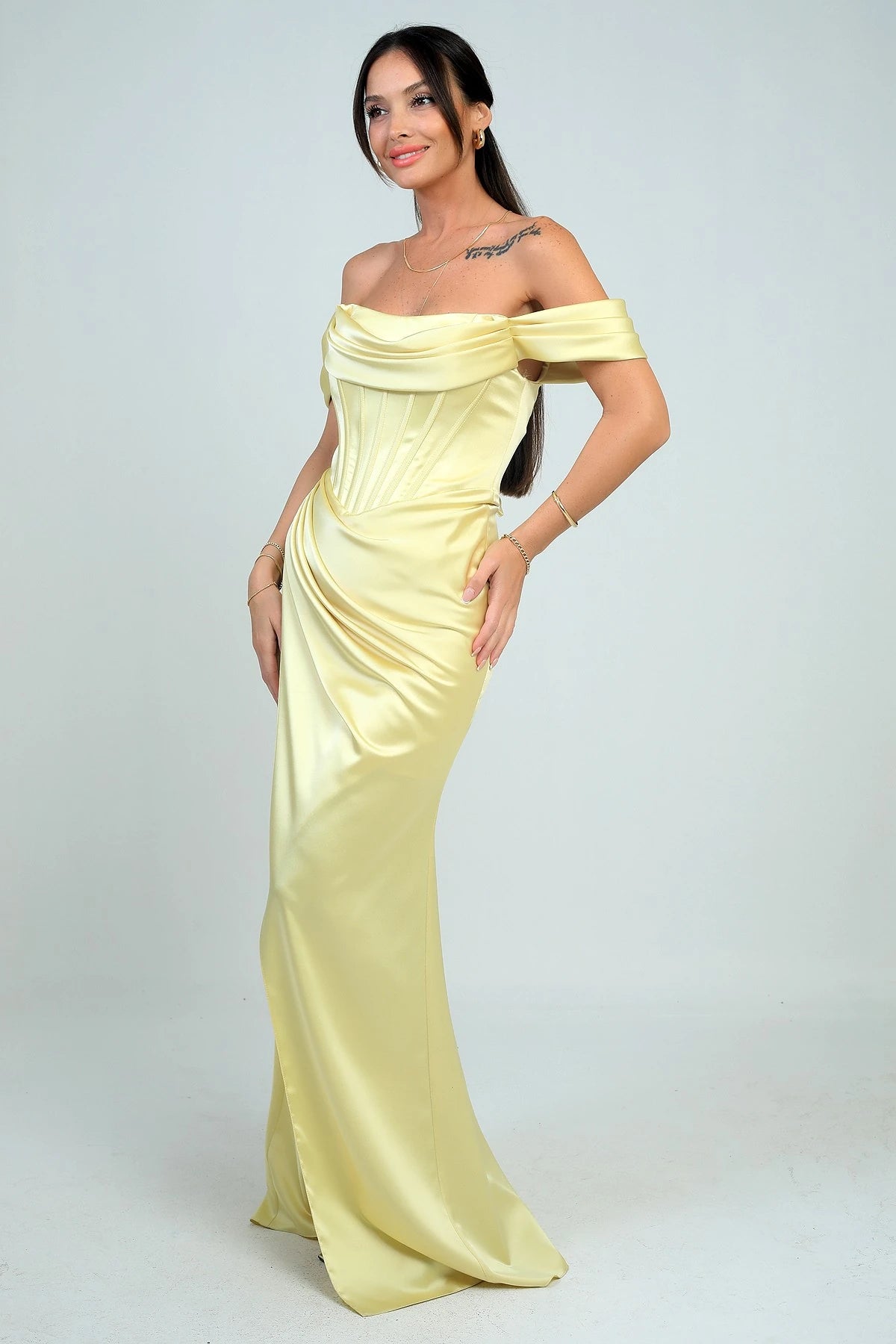 Image of Women's Strapless Low-Sleeve Lined Underwired Satin Long Dress