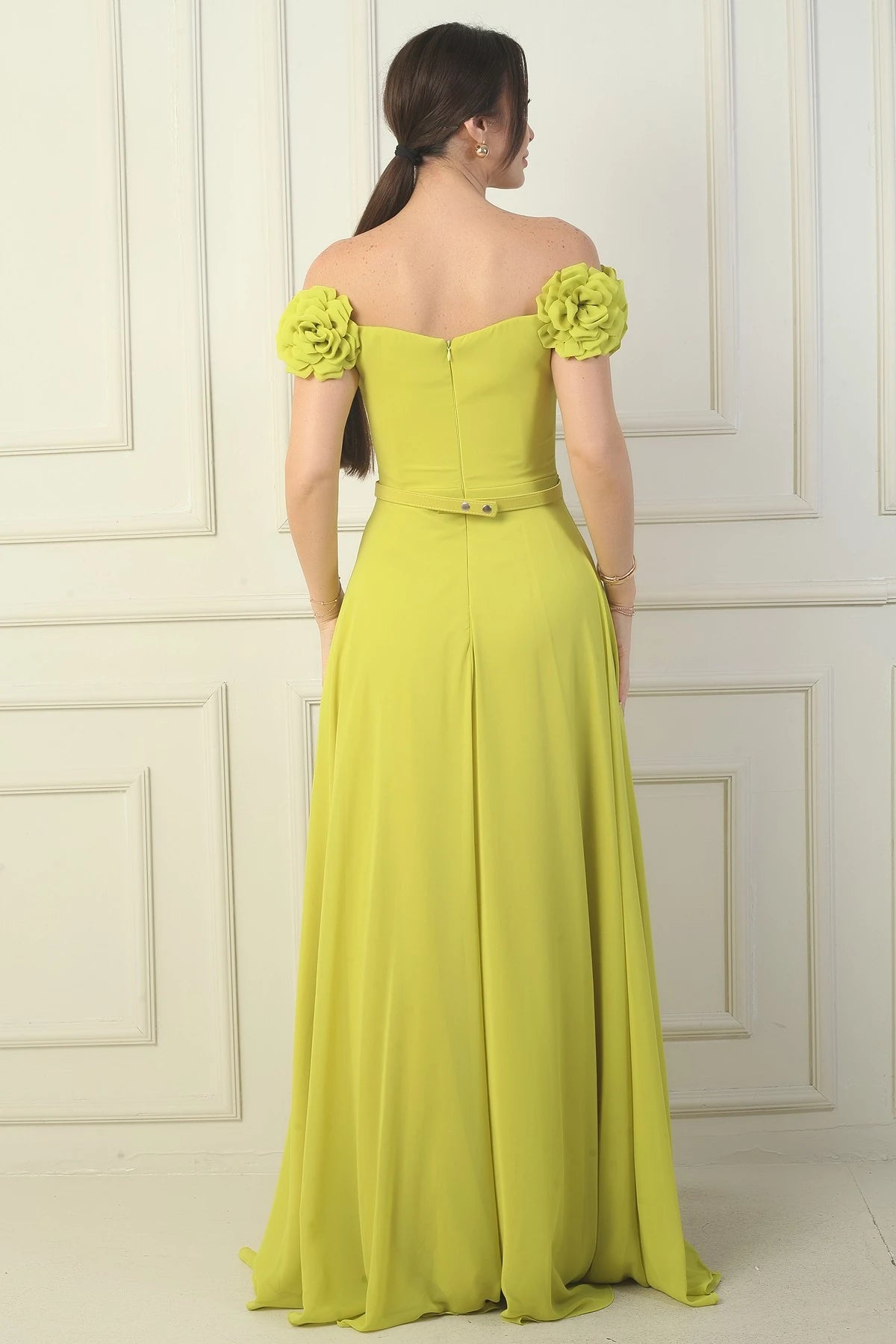 Image of Women's Long Chiffon Dress with Laser-Cut Floral Neckline and Lining, Belted Waist