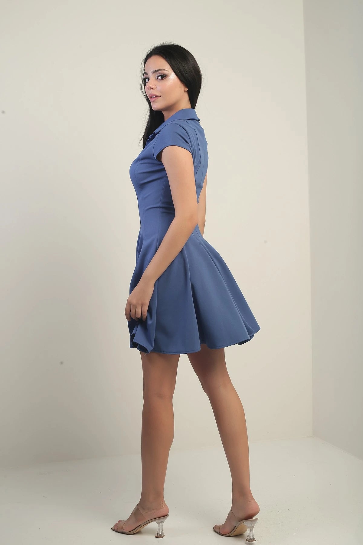 Image of Women's Polo Collar Long Sleeve Lycra Flared Short Dress