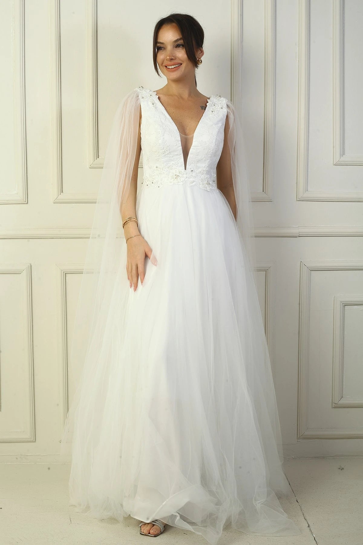 Image of Women's Front and Back V-Neck Long Tulle Evening Dress with Beaded Embellishment and Wide Waistline.