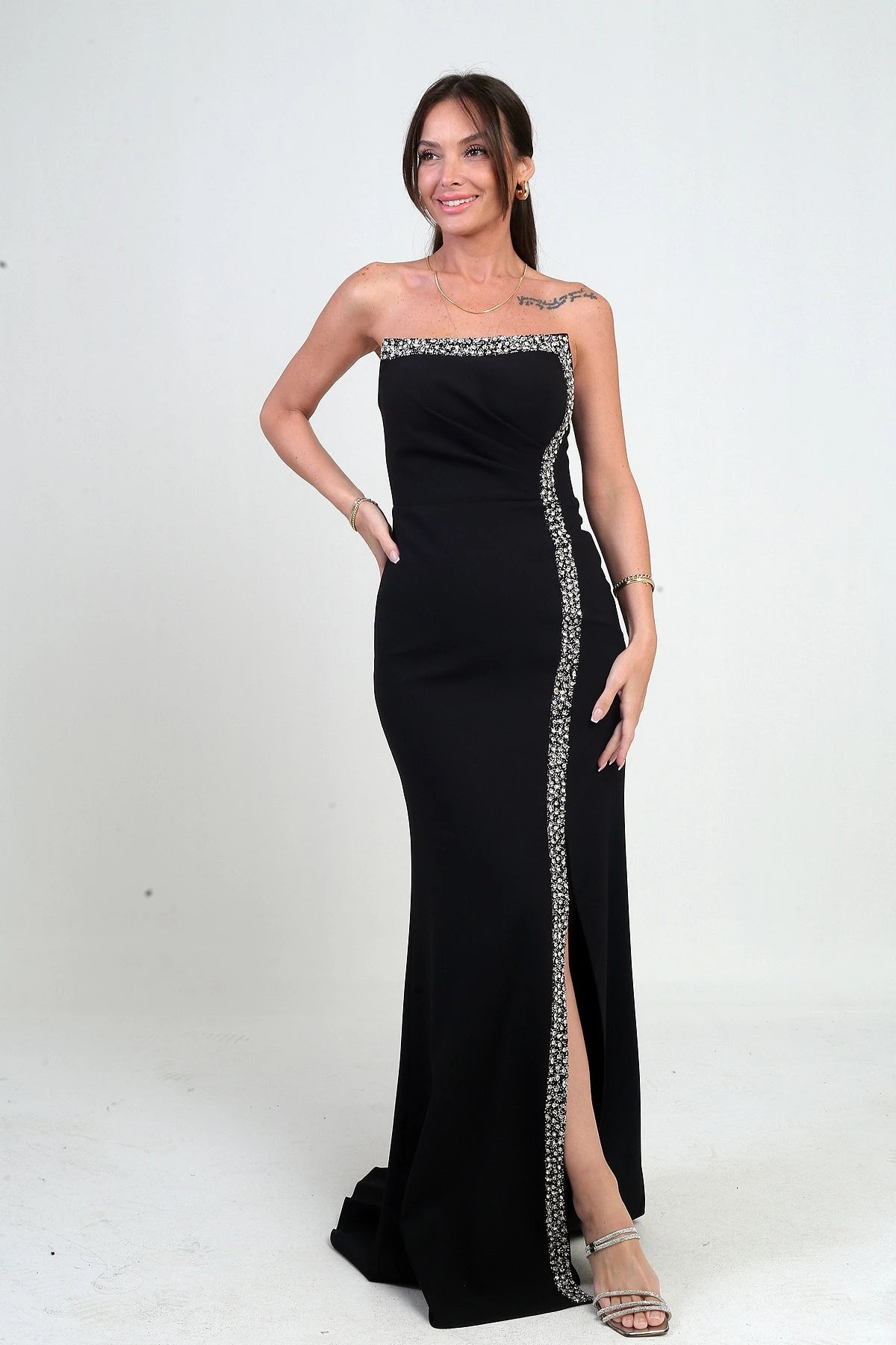 Image of Women's Long Crepe Dress with Draped Front and Stone Embellishments
