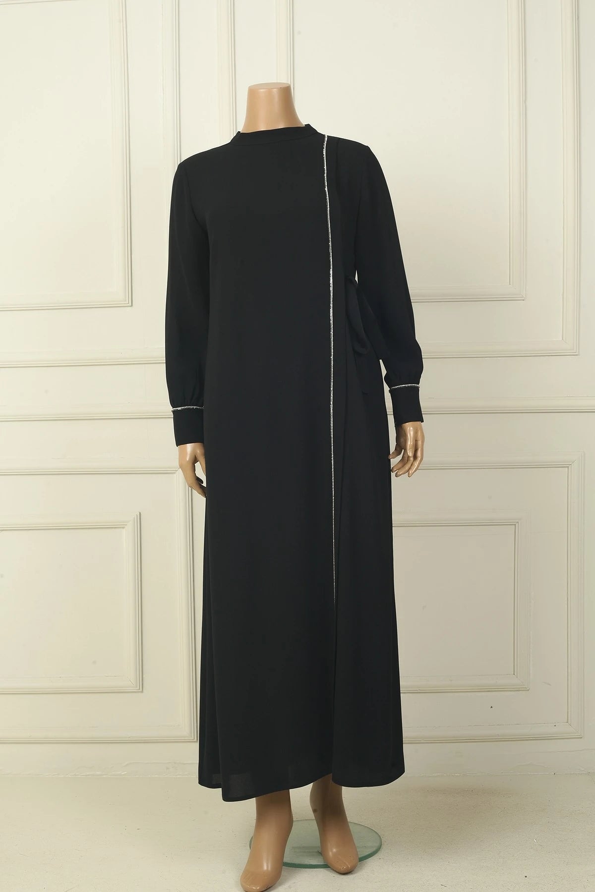 Image of Women's Plus Size Long Crepe Dress with Zippered Sleeves, Stone Embellishments, and Side Tie Closure