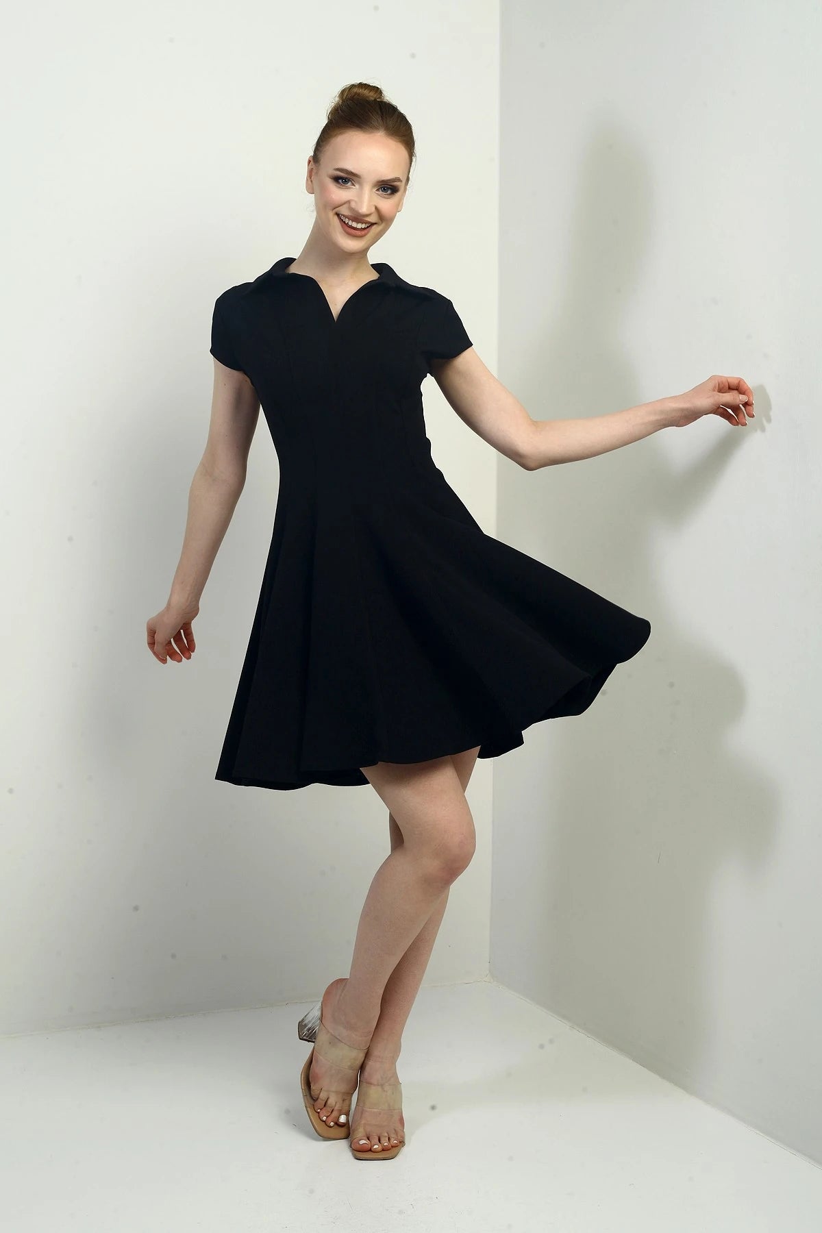Image of Women's Polo Collar Long Sleeve Lycra Flared Short Dress