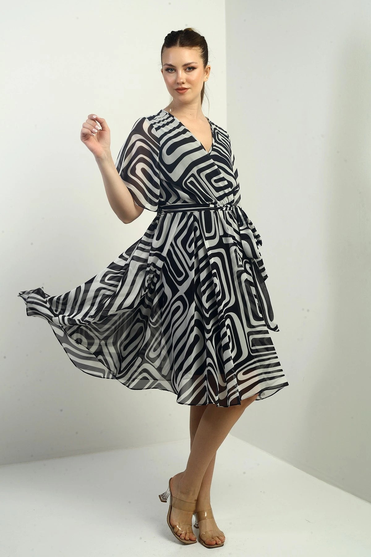 Image of Women's Wrap Neckline Belted Lined Geometric Pattern Chiffon Dress