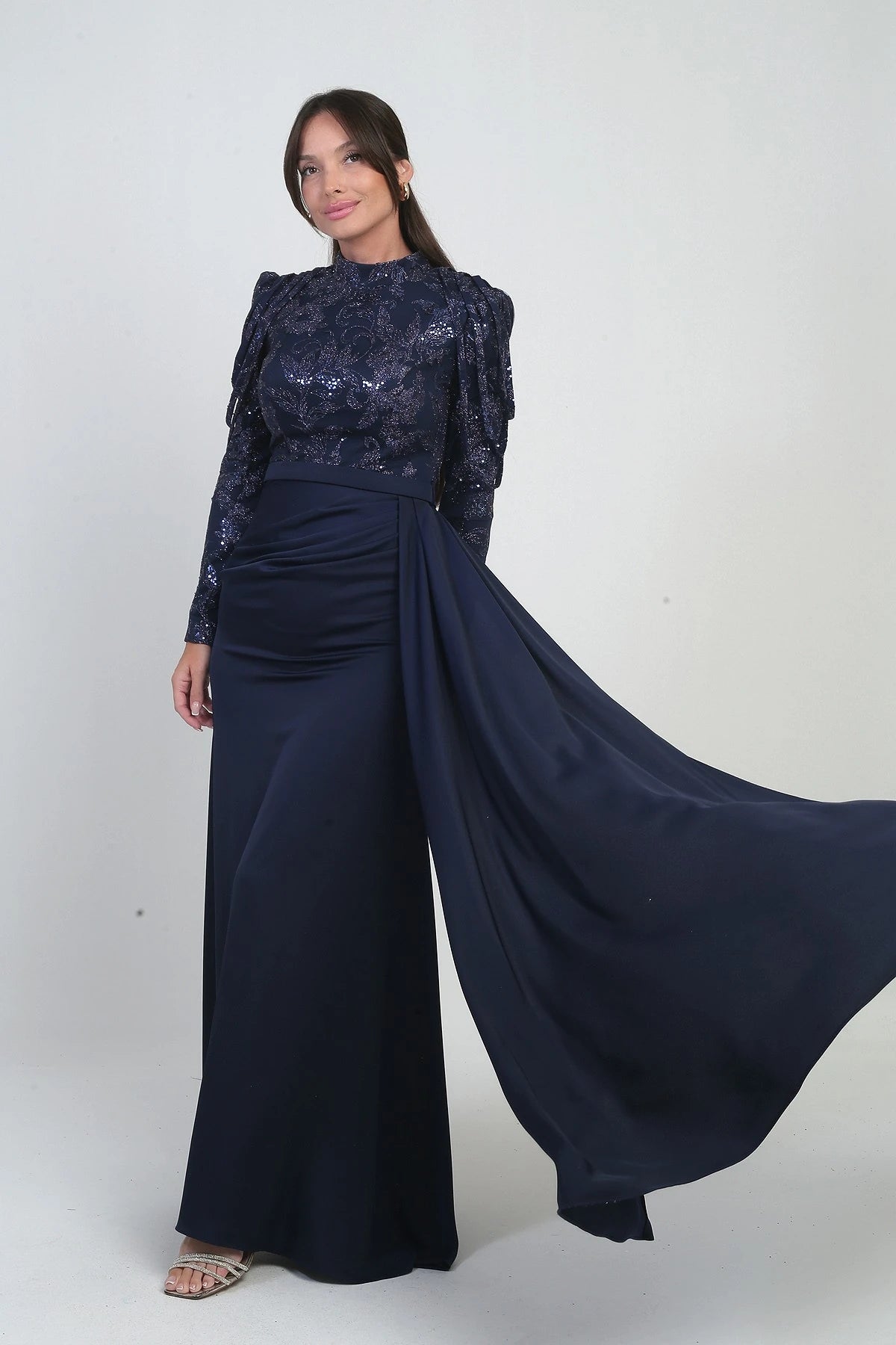 Image of Women's Long Chiffon Dress with Sequin and Glitter Detail on Top and Gathered Skirt, Lined