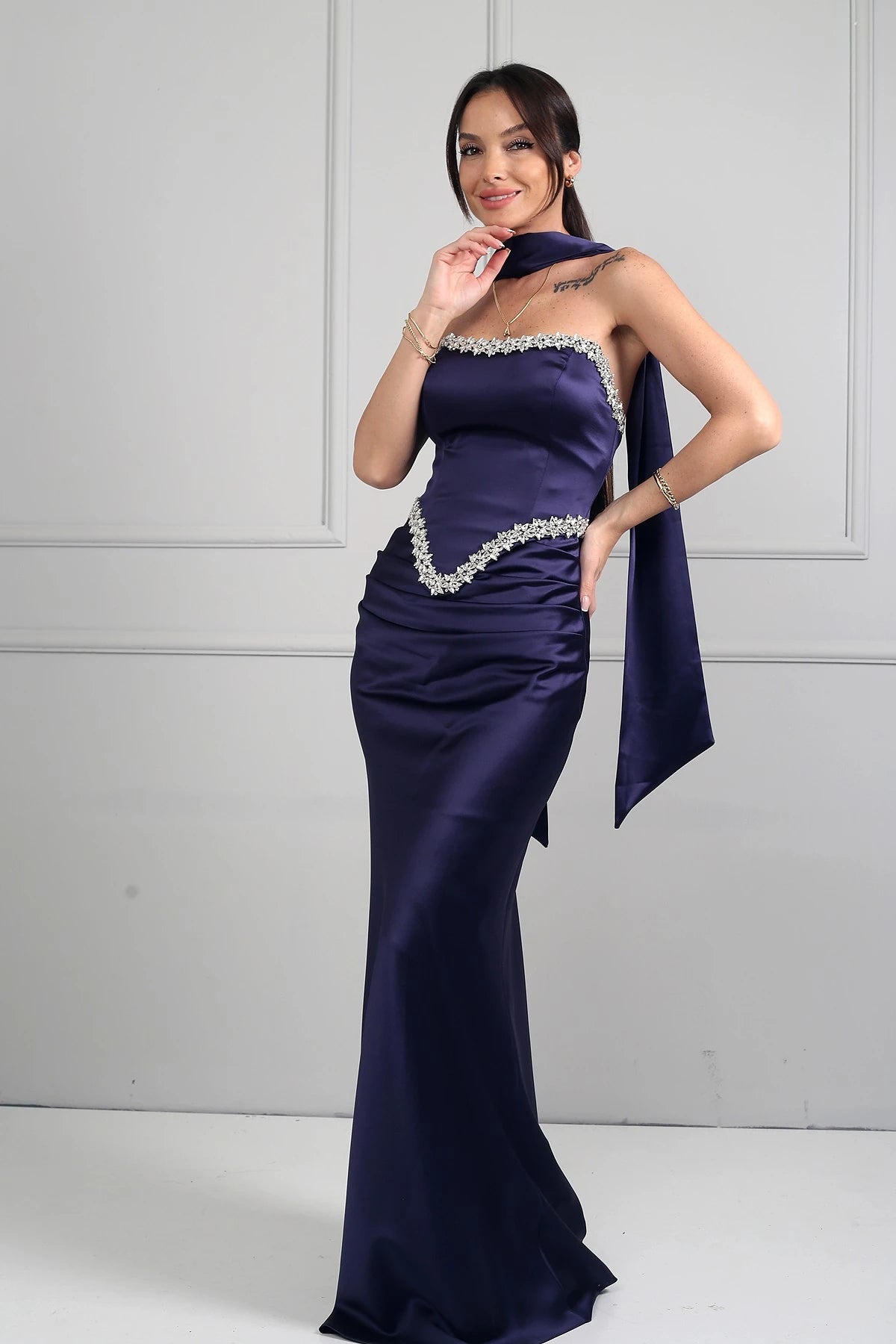 Image of Women's Strapless, Sheer Strap, Lined, Sparkling Stone Detail, Draped Front, Bias-Shaped Skirt Satin Long Dress