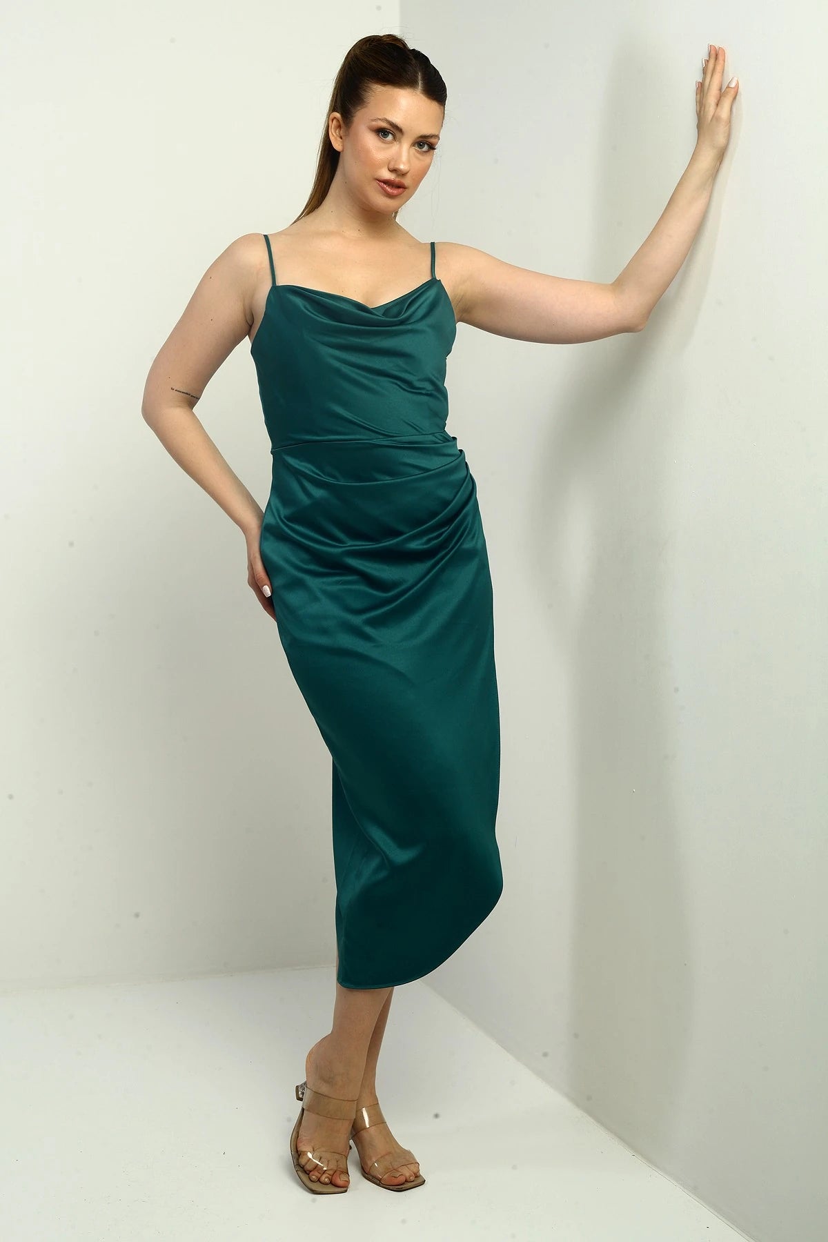 Image of Women's Strappy Draped Lined Asymmetrical Midi Dress