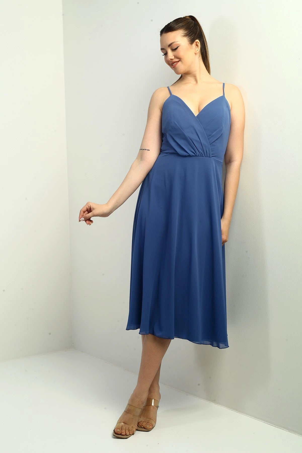 Image of Women's Strappy Wrap Neckline Lined Lace-Up Back Flared Chiffon Dress