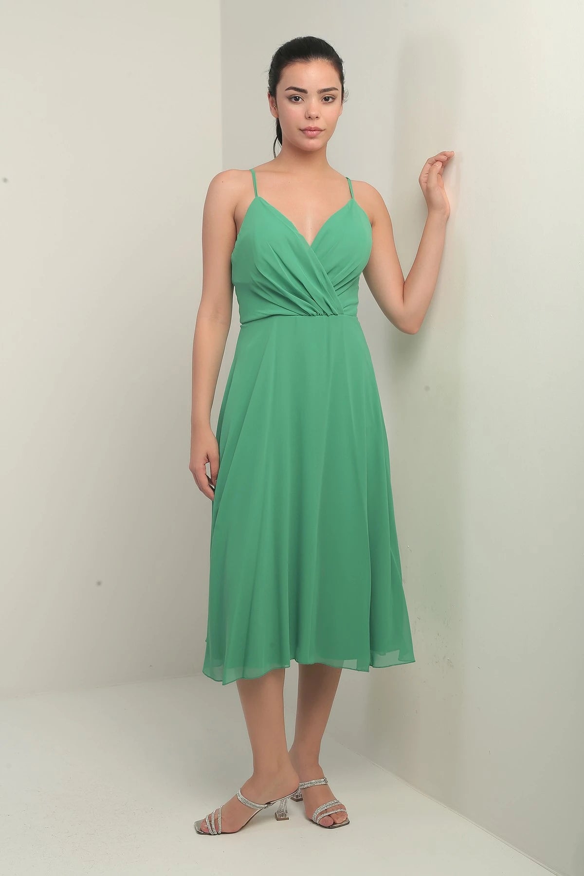 Image of Women's Strappy Wrap Neckline Lined Lace-Up Back Flared Chiffon Dress